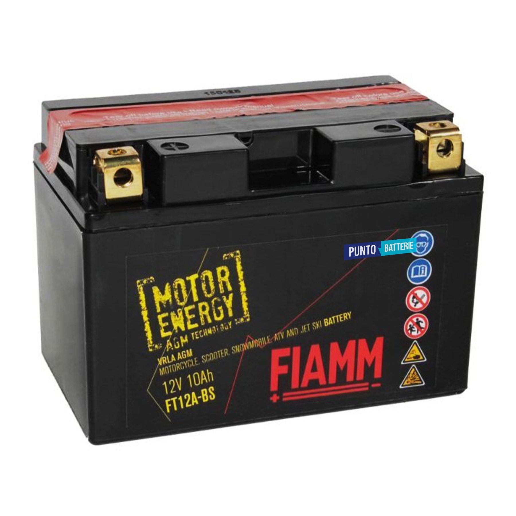 Batteria originale Fiamm Motor Energy AGM FT12A-BS, dimensioni 150 x 87 x 105, polo positivo a sinistra, 12 volt, 10 amperora, 160 ampere. Batteria per moto, scooter e powersport.