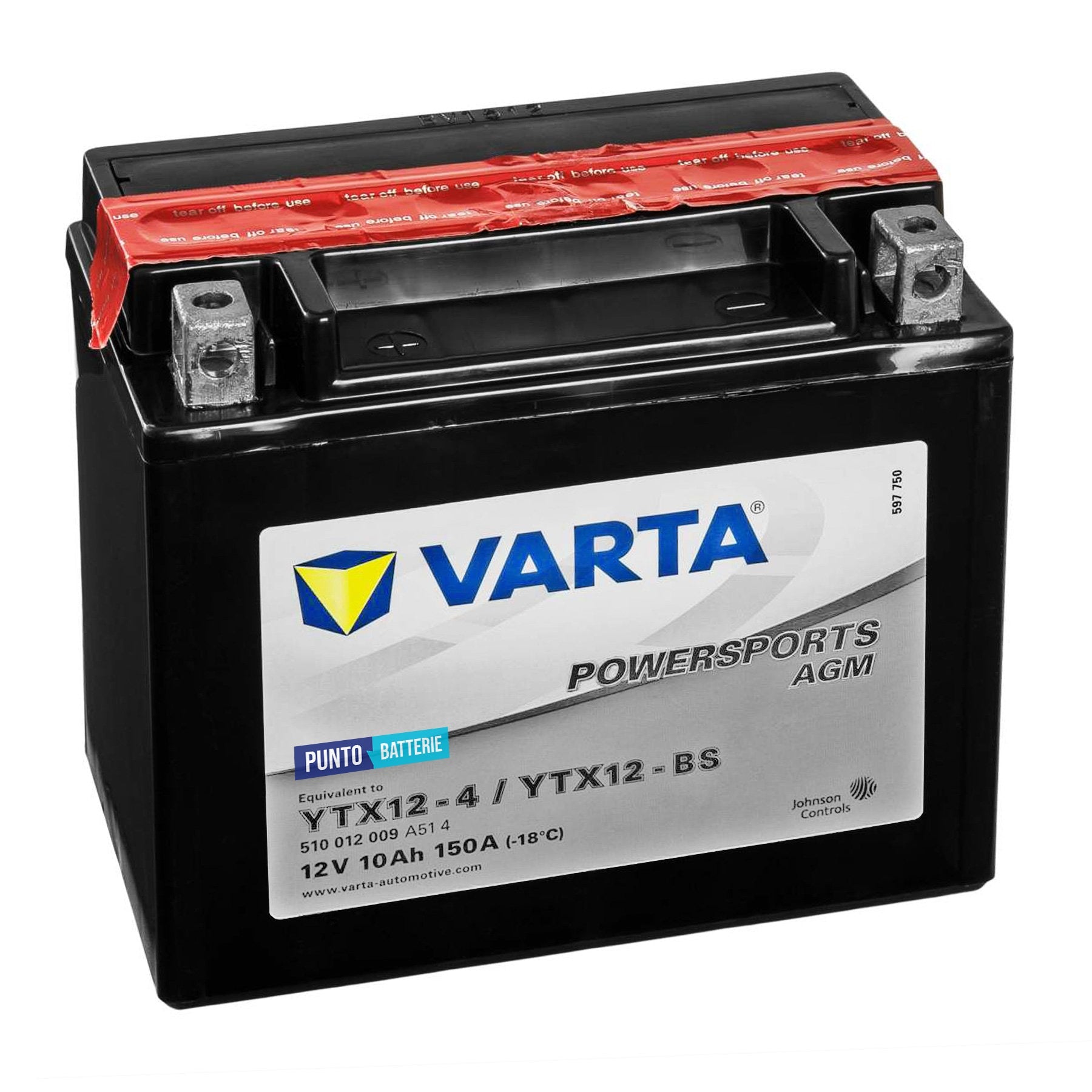 Batteria originale Varta Powersport AGM YTX12-4, dimensioni 152 x 88 x 131, polo positivo a sinistra, 12 volt, 10 amperora, 150 ampere. Batteria per moto, scooter e powersport.