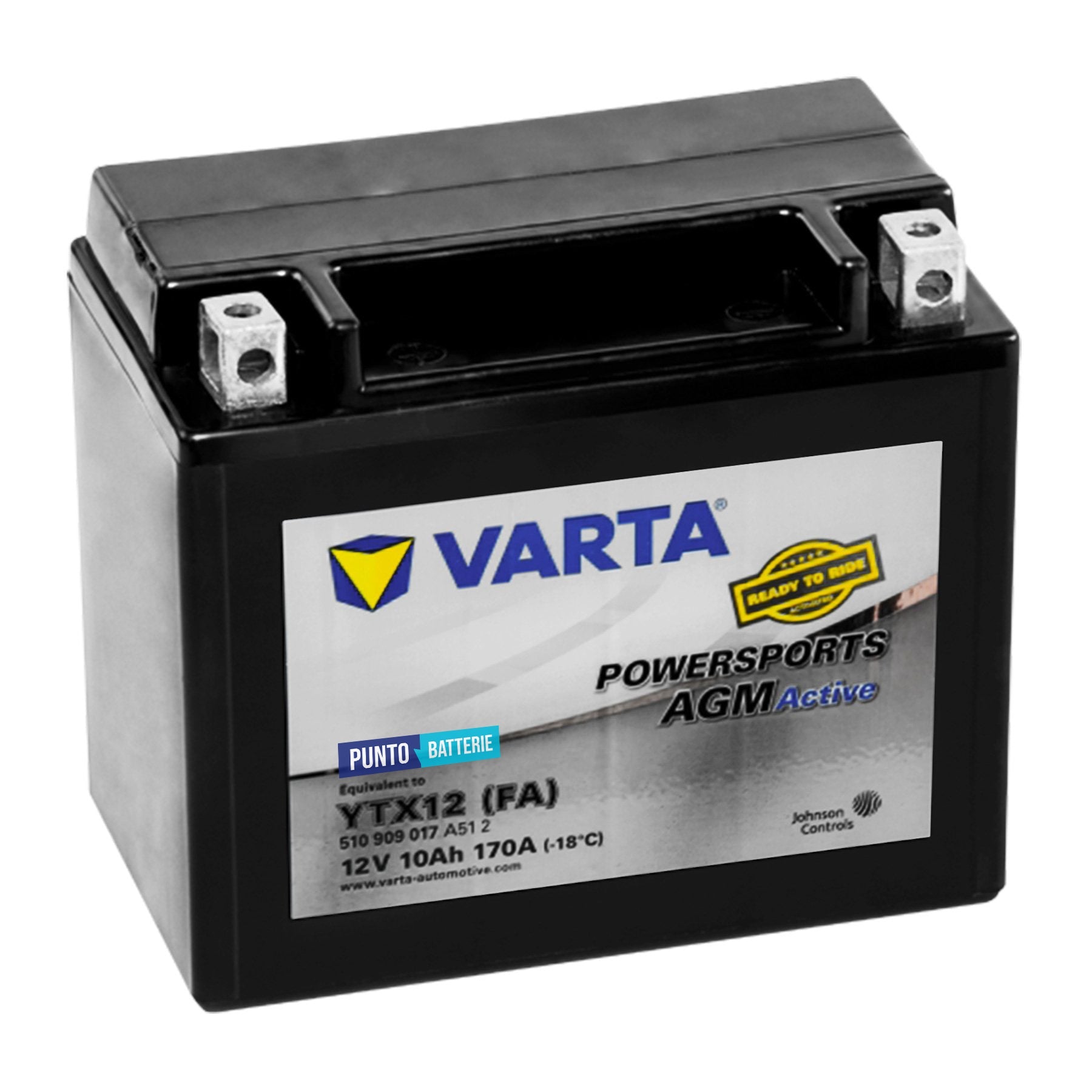 Batteria originale Varta Powersport AGM Active YTX12-FA, dimensioni 150 x 87 x 130, polo positivo a sinistra, 12 volt, 10 amperora, 170 ampere. Batteria per moto, scooter e powersport.