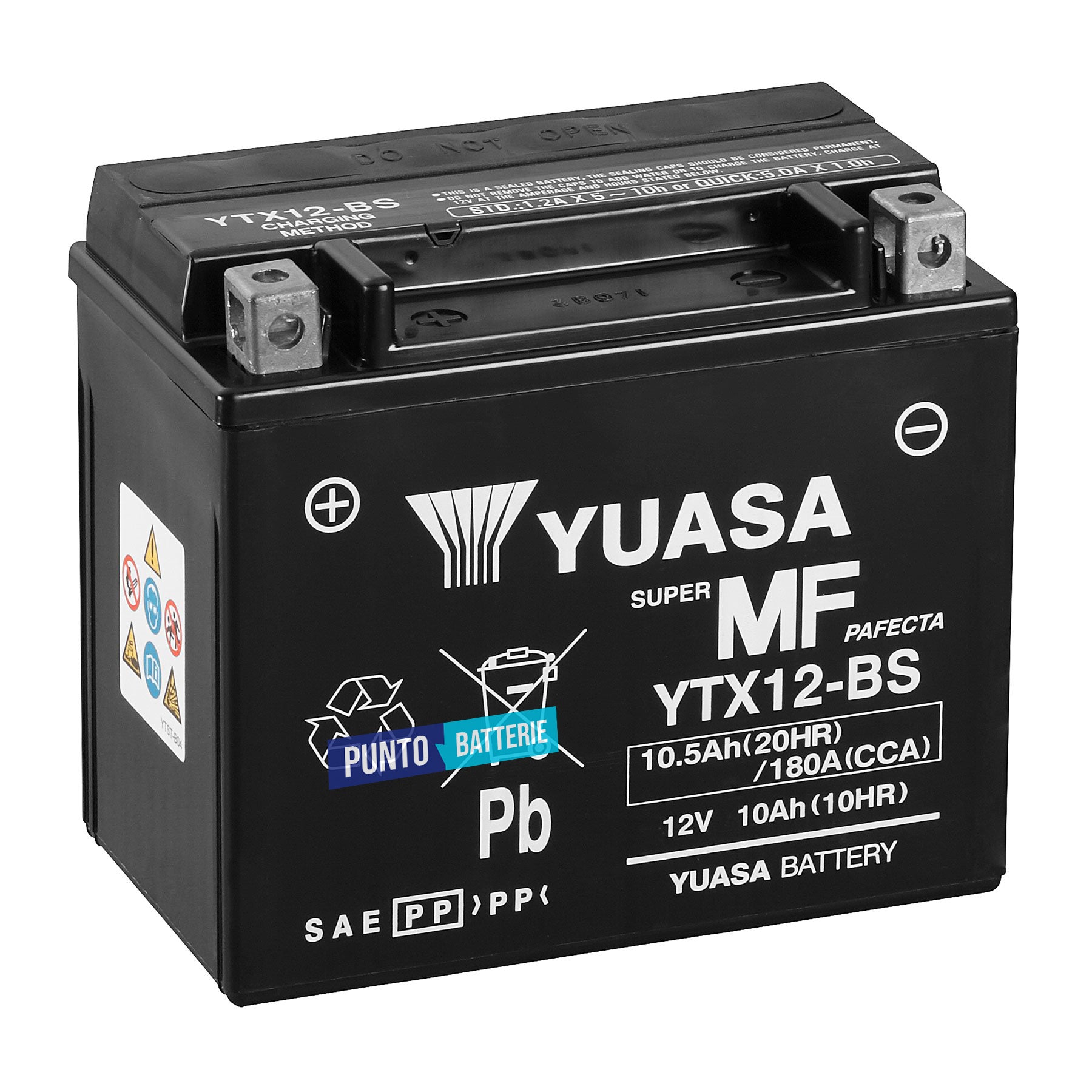 Batteria originale Yuasa YTX YTX12-BS, dimensioni 150 x 87 x 130, polo positivo a sinistra, 12 volt, 10 amperora, 180 ampere. Batteria per moto, scooter e powersport.