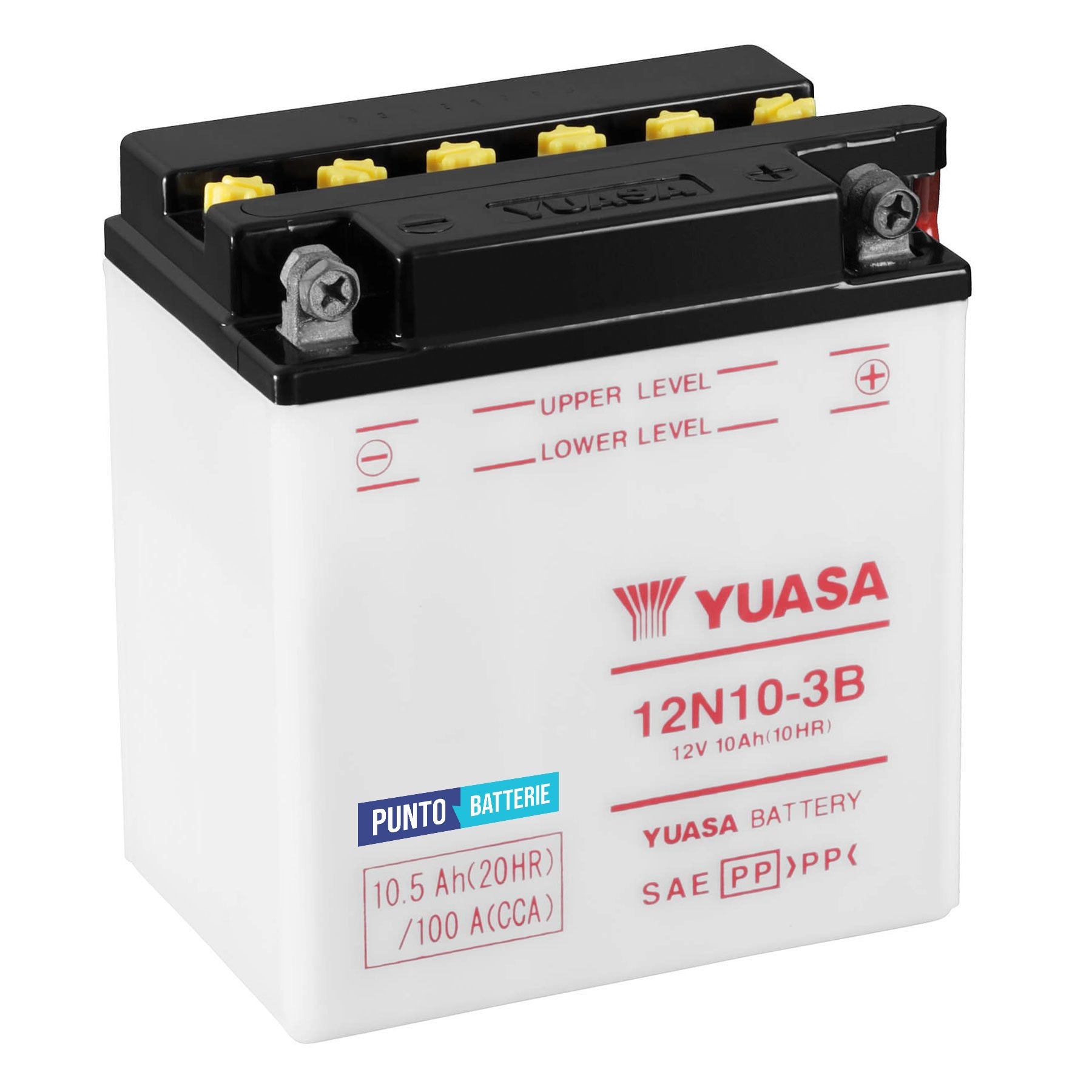 Batteria originale Yuasa Conventional 12N10-3B, dimensioni 136 x 92 x 146, polo positivo a destra, 12 volt, 10 amperora, 100 ampere. Batteria per moto, scooter e powersport.