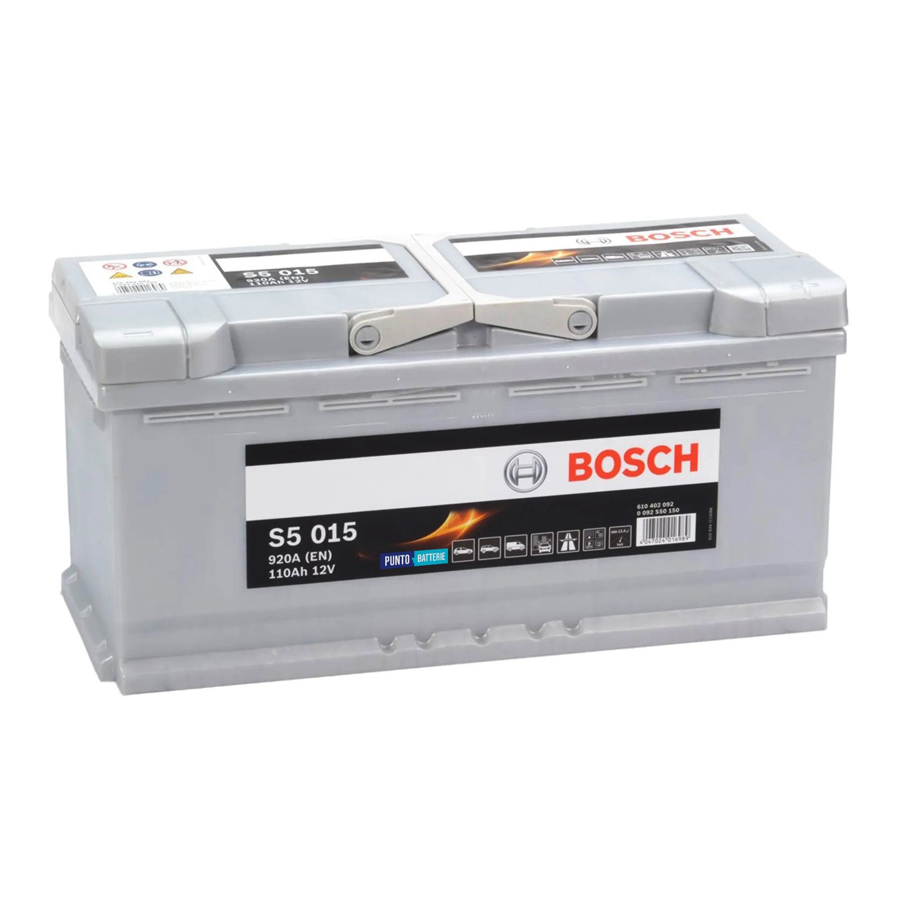Batteria originale Bosch S5 S5 015, dimensioni 393 x 175 x 190, polo positivo a destra, 12 volt, 110 amperora, 920 ampere. Batteria per auto e veicoli leggeri.