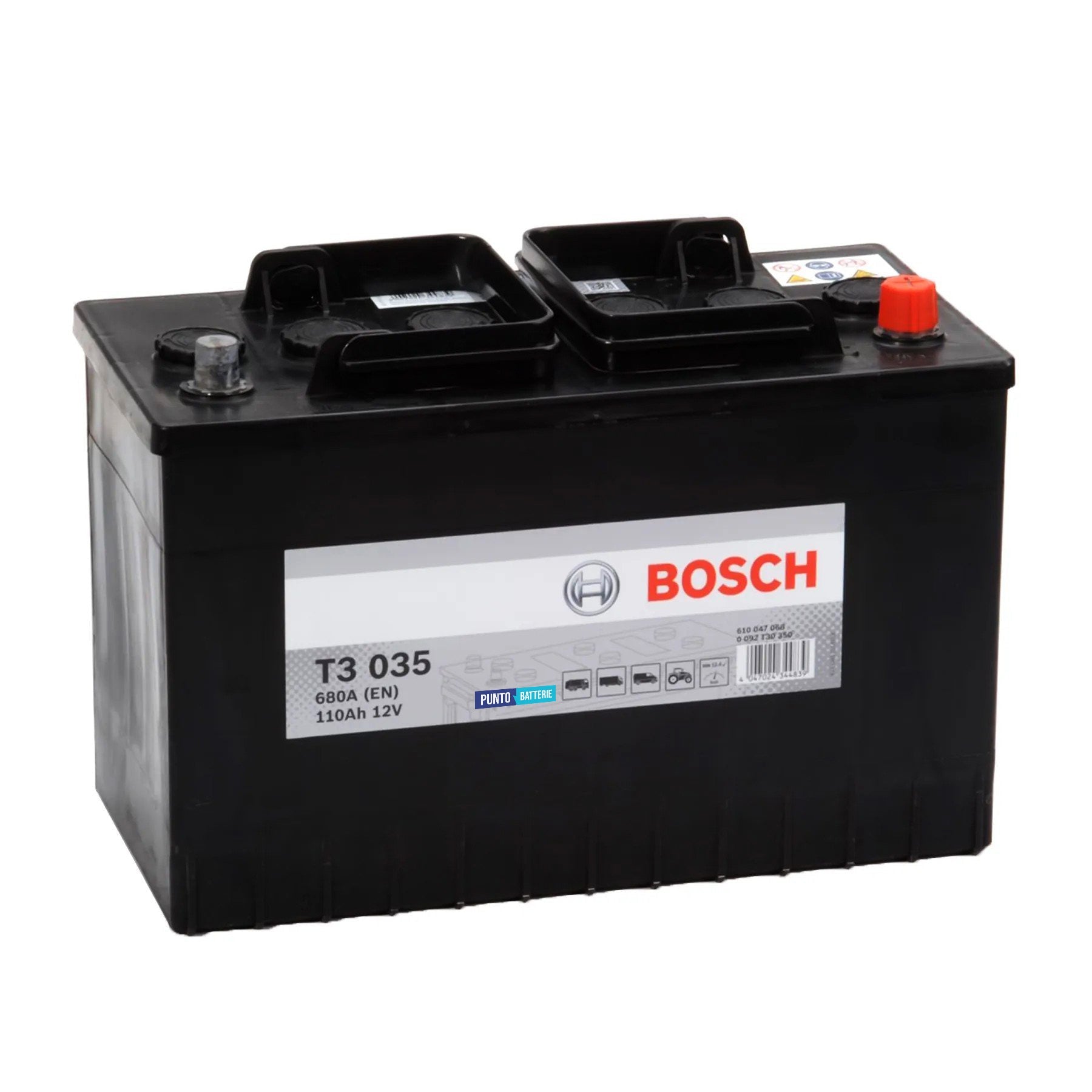 Batteria originale Bosch T3 T3035, dimensioni 346 x 173 x 236, polo positivo a destra, 12 volt, 110 amperora, 680 ampere. Batteria per camion e veicoli pesanti.