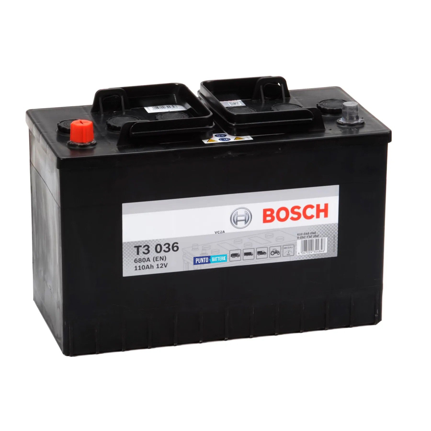 Batteria originale Bosch T3 T3036, dimensioni 346 x 173 x 236, polo positivo a sinistra, 12 volt, 110 amperora, 680 ampere. Batteria per camion e veicoli pesanti.