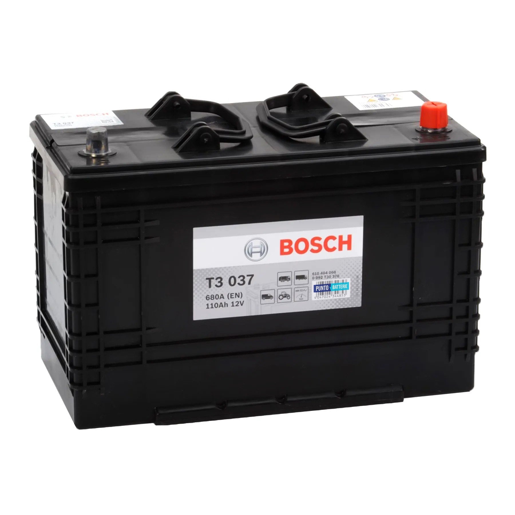 Batteria originale Bosch T3 T3037, dimensioni 346 x 173 x 236, polo positivo a destra, 12 volt, 110 amperora, 680 ampere. Batteria per camion e veicoli pesanti.