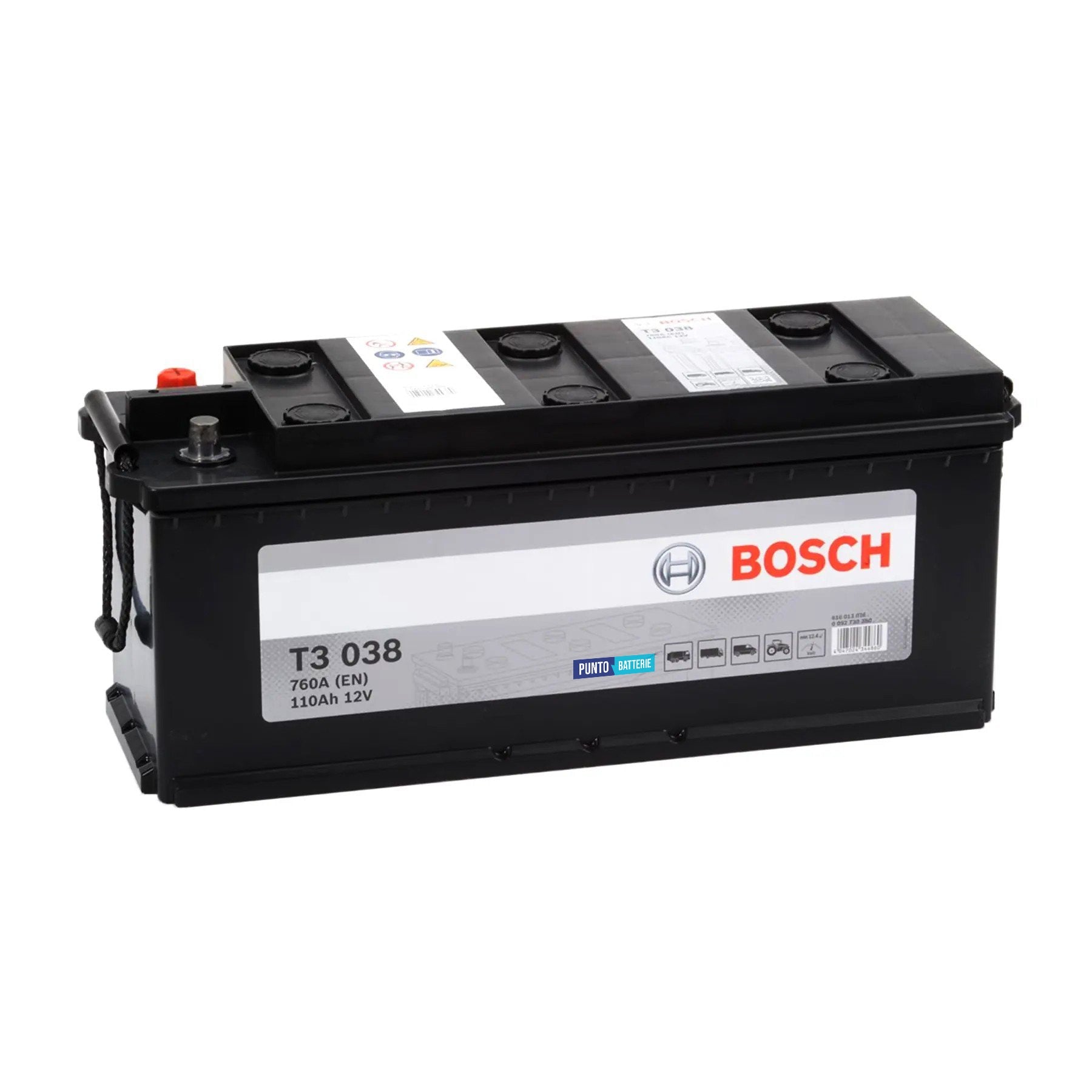 Batteria originale Bosch T3 T3038, dimensioni 514 x 175 x 210, polo positivo a sinistra, 12 volt, 110 amperora, 760 ampere. Batteria per camion e veicoli pesanti.