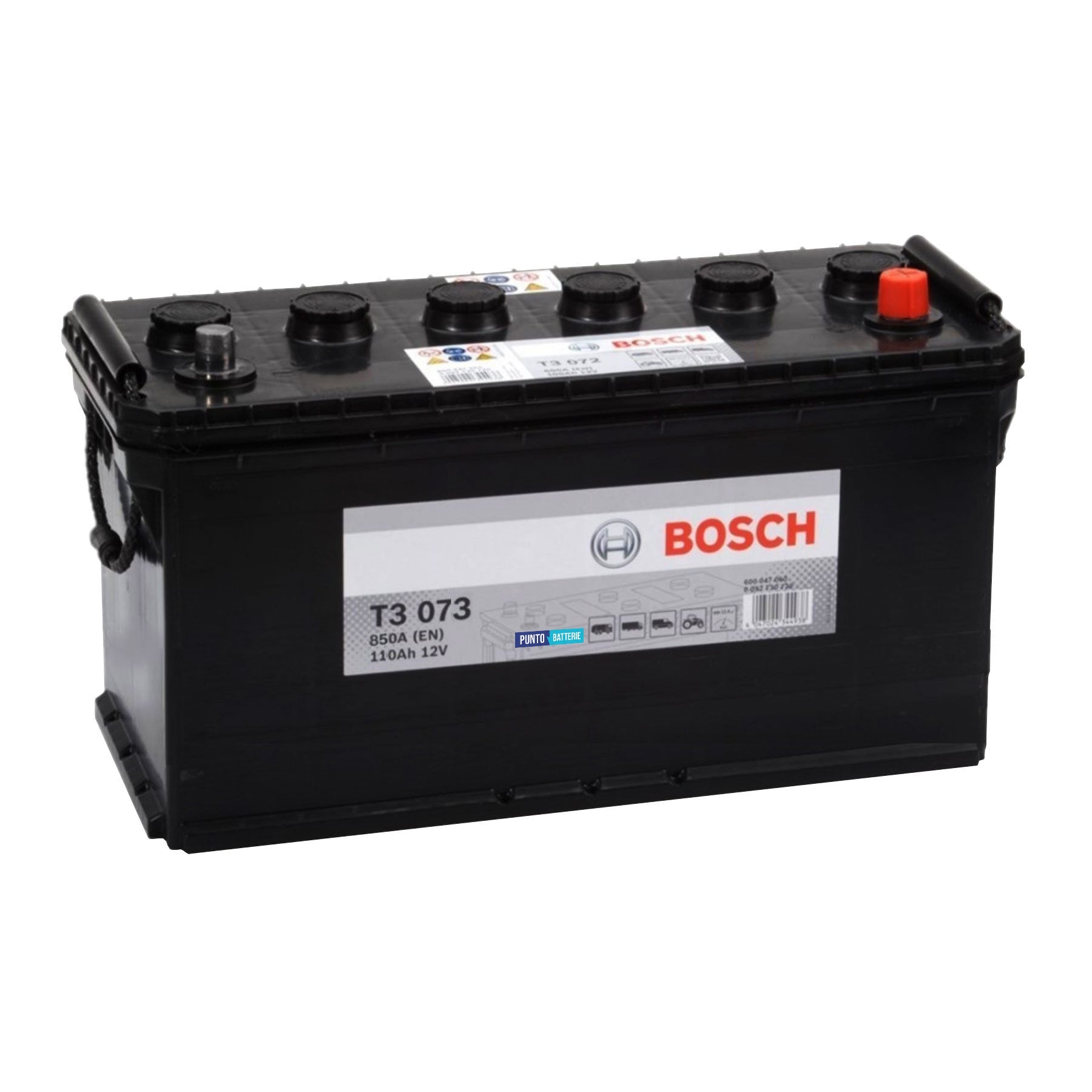 Batteria originale Bosch T3 T3073, dimensioni 412 x 175 x 219, polo positivo a destra, 12 volt, 110 amperora, 850 ampere. Batteria per camion e veicoli pesanti.