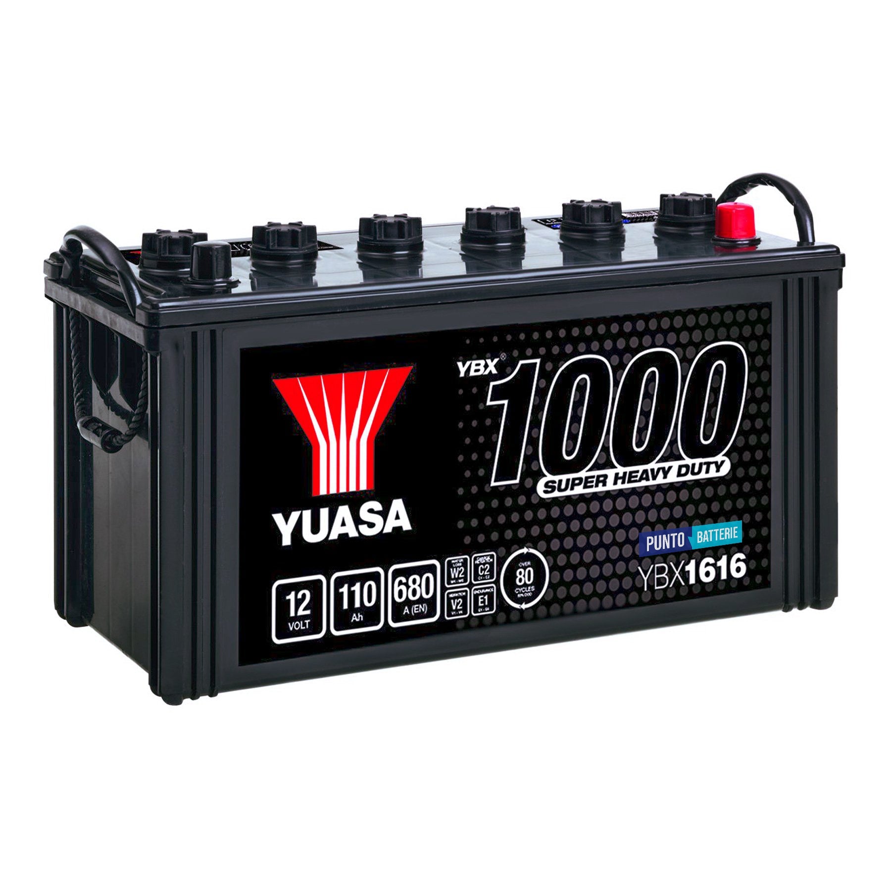 Batteria originale Yuasa YBX1000 YBX1616, dimensioni 407 x 176 x 234, polo positivo a destra, 12 volt, 110 amperora, 680 ampere. Batteria per camion e veicoli pesanti.