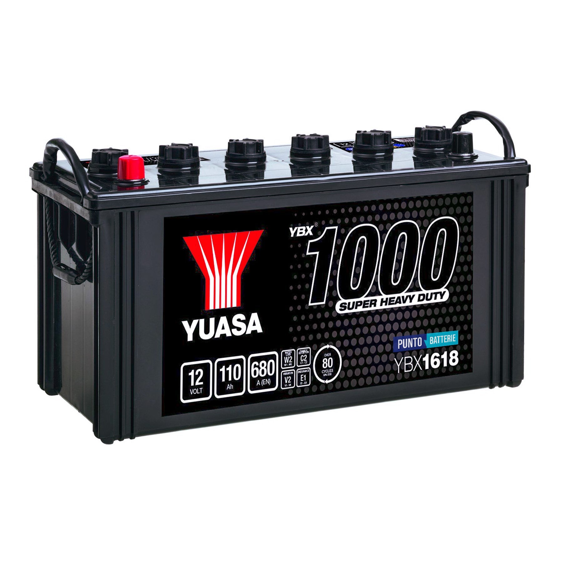 Batteria originale Yuasa YBX1000 YBX1618, dimensioni 407 x 176 x 234, polo positivo a sinistra, 12 volt, 110 amperora, 680 ampere. Batteria per camion e veicoli pesanti.