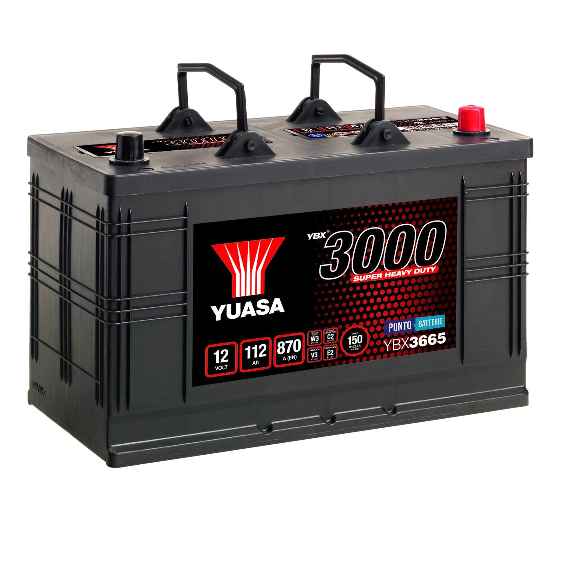 Batteria originale Yuasa YBX3000 YBX3665, dimensioni 346 x 173 x 234, polo positivo a destra, 12 volt, 112 amperora, 870 ampere. Batteria per camion e veicoli pesanti.