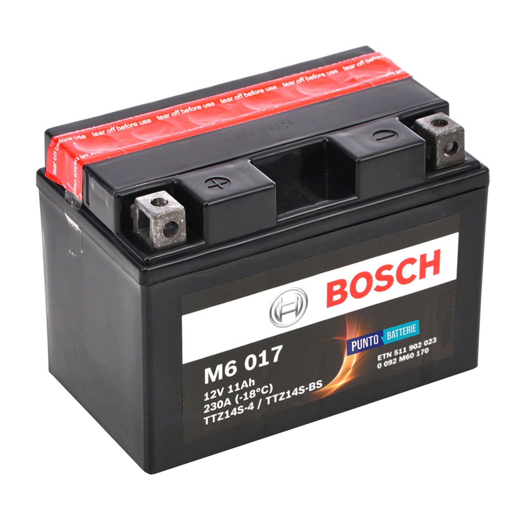 Batteria originale Bosch M6 M6017, dimensioni 150 x 87 x 105, polo positivo a sinistra, 12 volt, 11 amperora, 230 ampere. Batteria per moto, scooter e powersport.