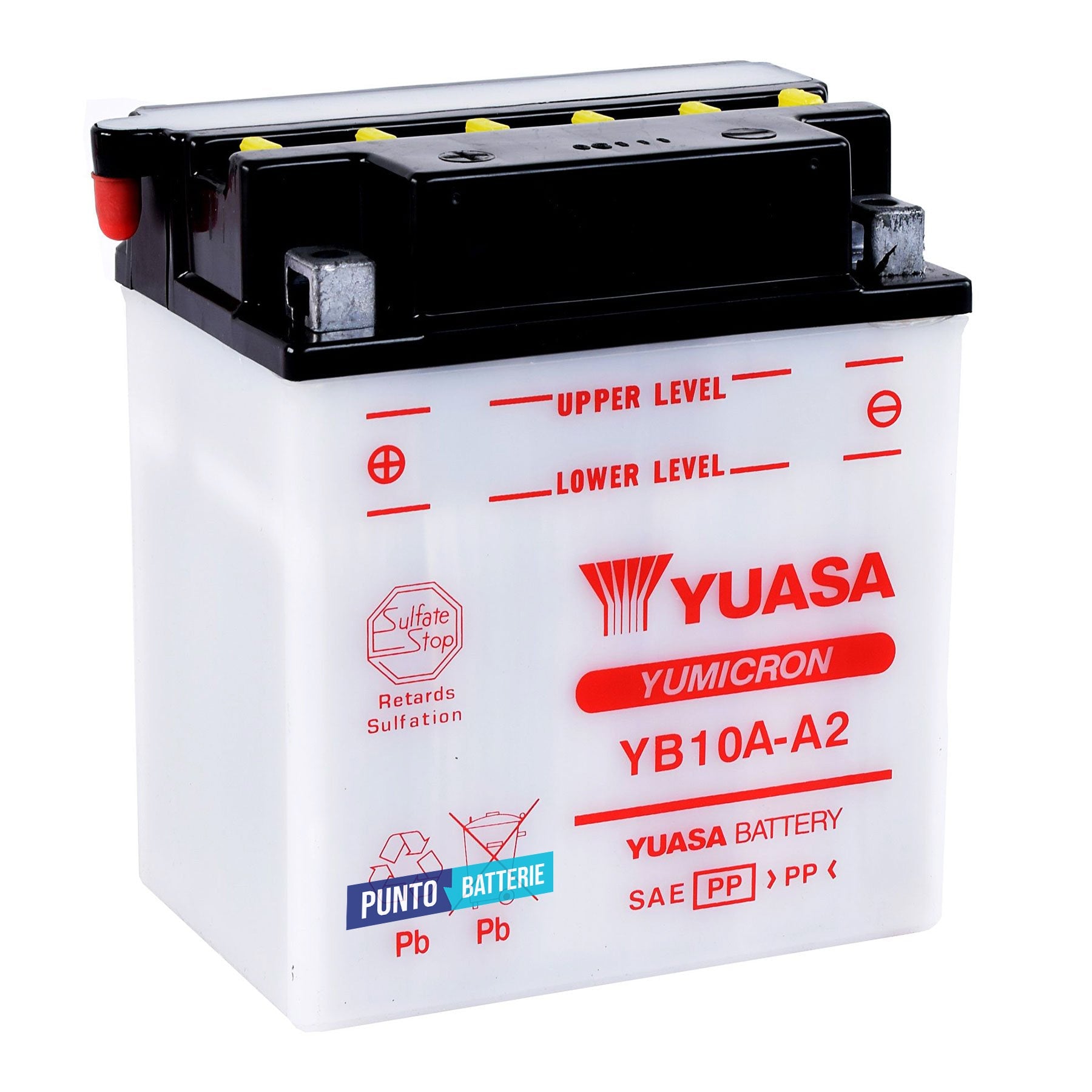 Batteria originale Yuasa YuMicron YB10A-A2, dimensioni 135 x 90 x 155, polo positivo a sinistra, 12 volt, 11 amperora, 120 ampere. Batteria per moto, scooter e powersport.