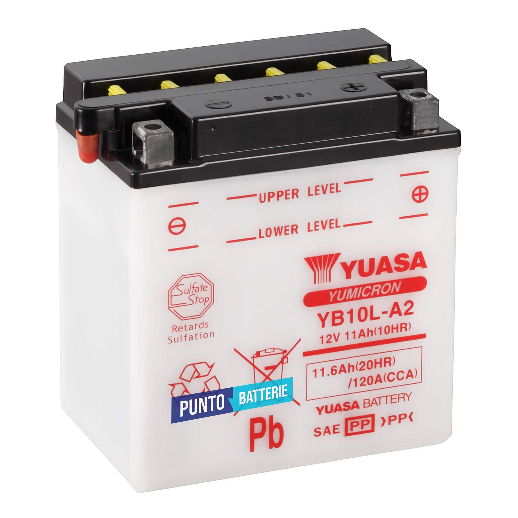 Batteria originale Yuasa YuMicron YB10L-A2, dimensioni 135 x 90 x 145, polo positivo a destra, 12 volt, 11 amperora, 120 ampere. Batteria per moto, scooter e powersport.