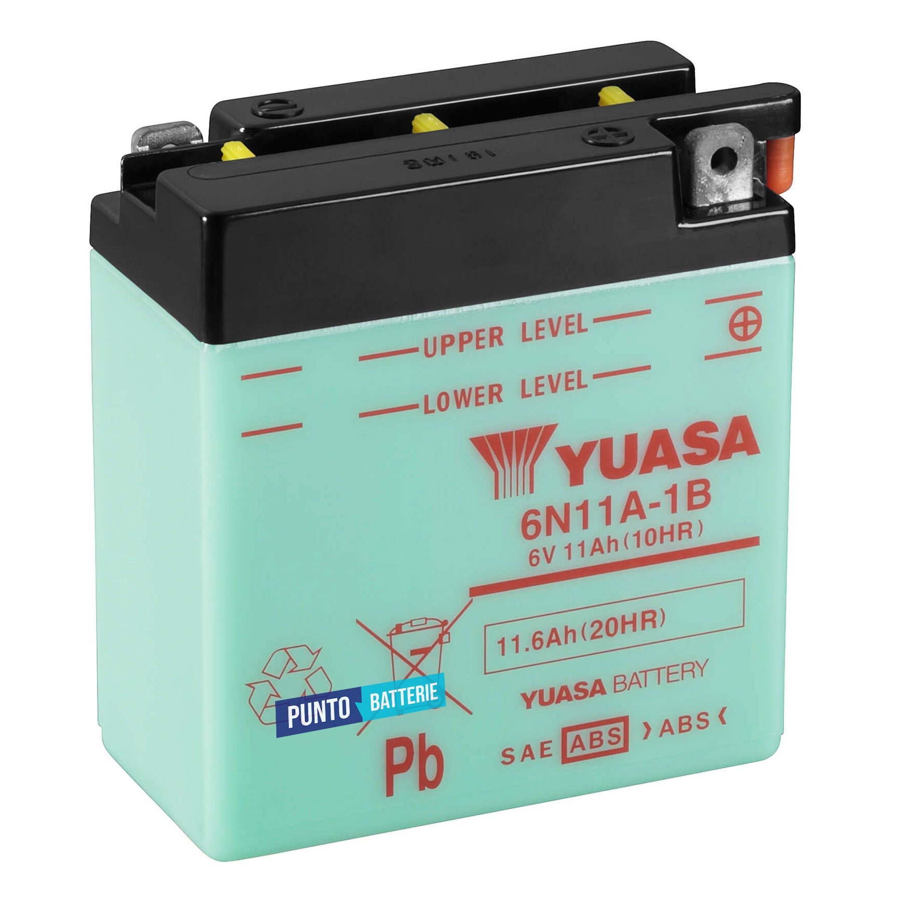 Batteria originale Yuasa Conventional 6N11A-1B, dimensioni 122 x 62 x 131, polo positivo a destra, 6 volt, 11 amperora. Batteria per moto, scooter e powersport.