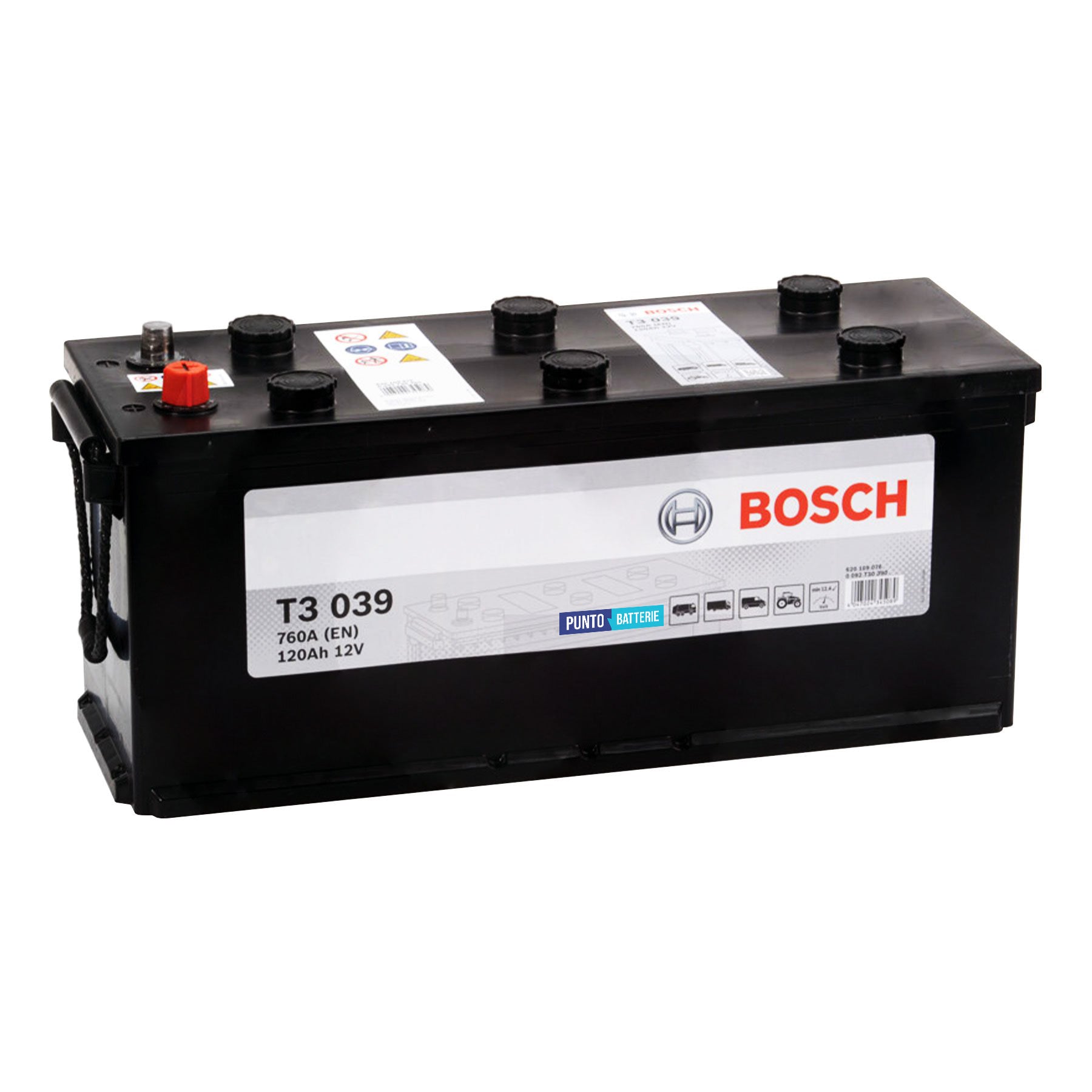 Batteria originale Bosch T3 T3039, dimensioni 510 x 175 x 227, polo positivo a destra, 12 volt, 120 amperora, 760 ampere. Batteria per camion e veicoli pesanti.