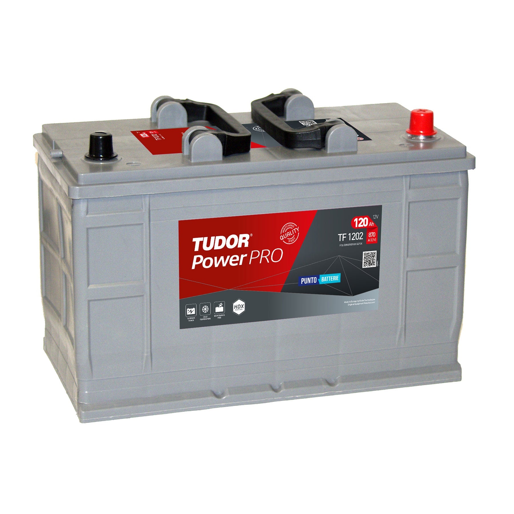 Batteria originale Tudor Power PRO TF1202, dimensioni 349 x 175 x 235, polo positivo a destra, 12 volt, 120 amperora, 870 ampere. Batteria per camion e veicoli pesanti.
