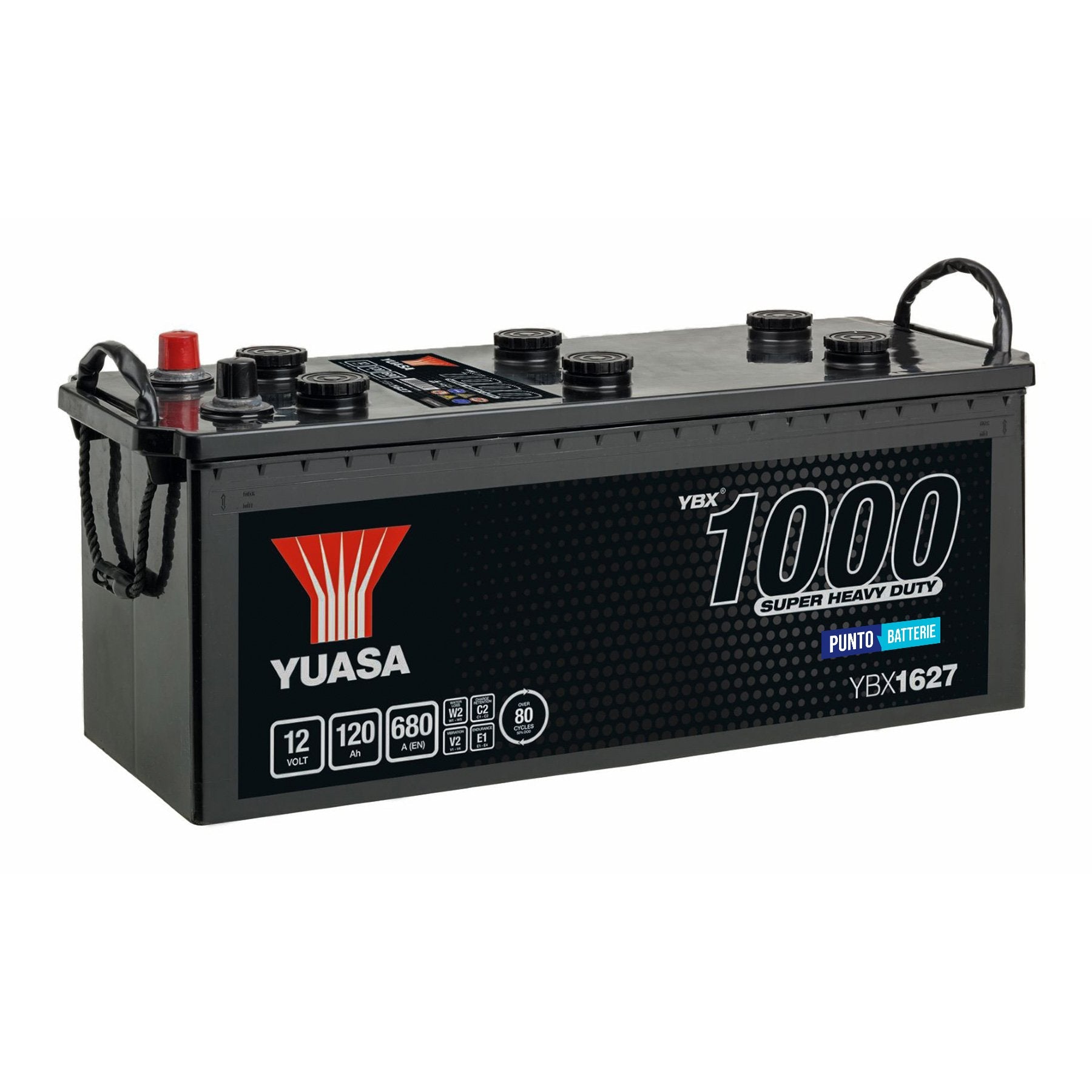 Batteria originale Yuasa YBX1000 YBX1627, dimensioni 513 x 189 x 223, polo positivo a sinistra, 12 volt, 120 amperora, 680 ampere. Batteria per camion e veicoli pesanti.