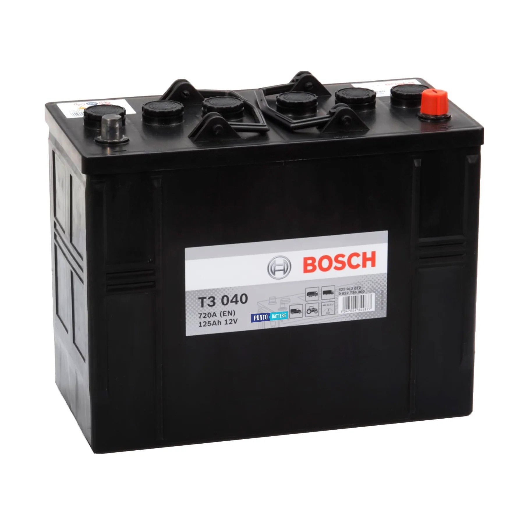Batteria originale Bosch T3 T3040, dimensioni 344 x 172 x 285, polo positivo a destra, 12 volt, 125 amperora, 720 ampere. Batteria per camion e veicoli pesanti.