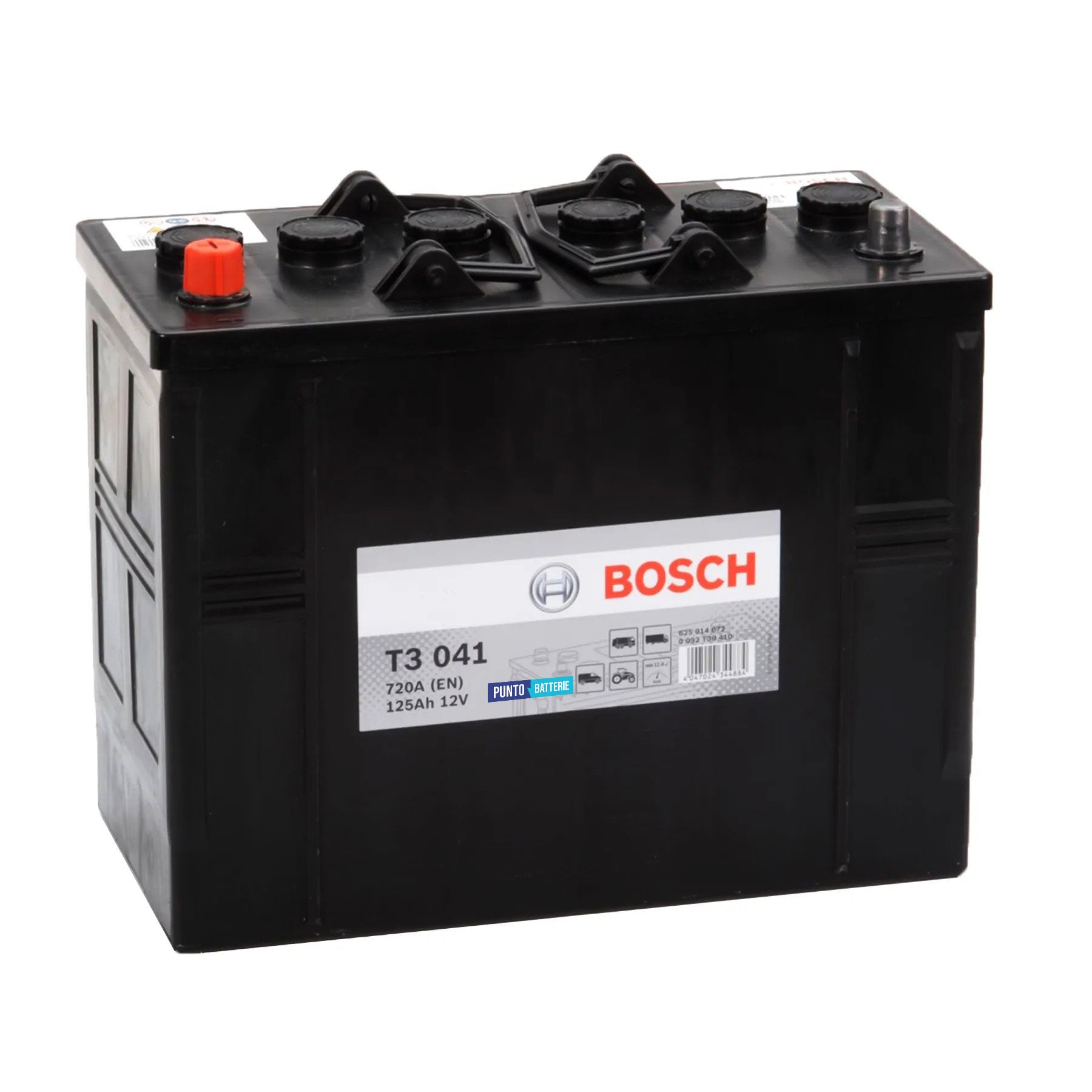 Batteria originale Bosch T3 T3041, dimensioni 344 x 172 x 285, polo positivo a sinistra, 12 volt, 125 amperora, 720 ampere. Batteria per camion e veicoli pesanti.