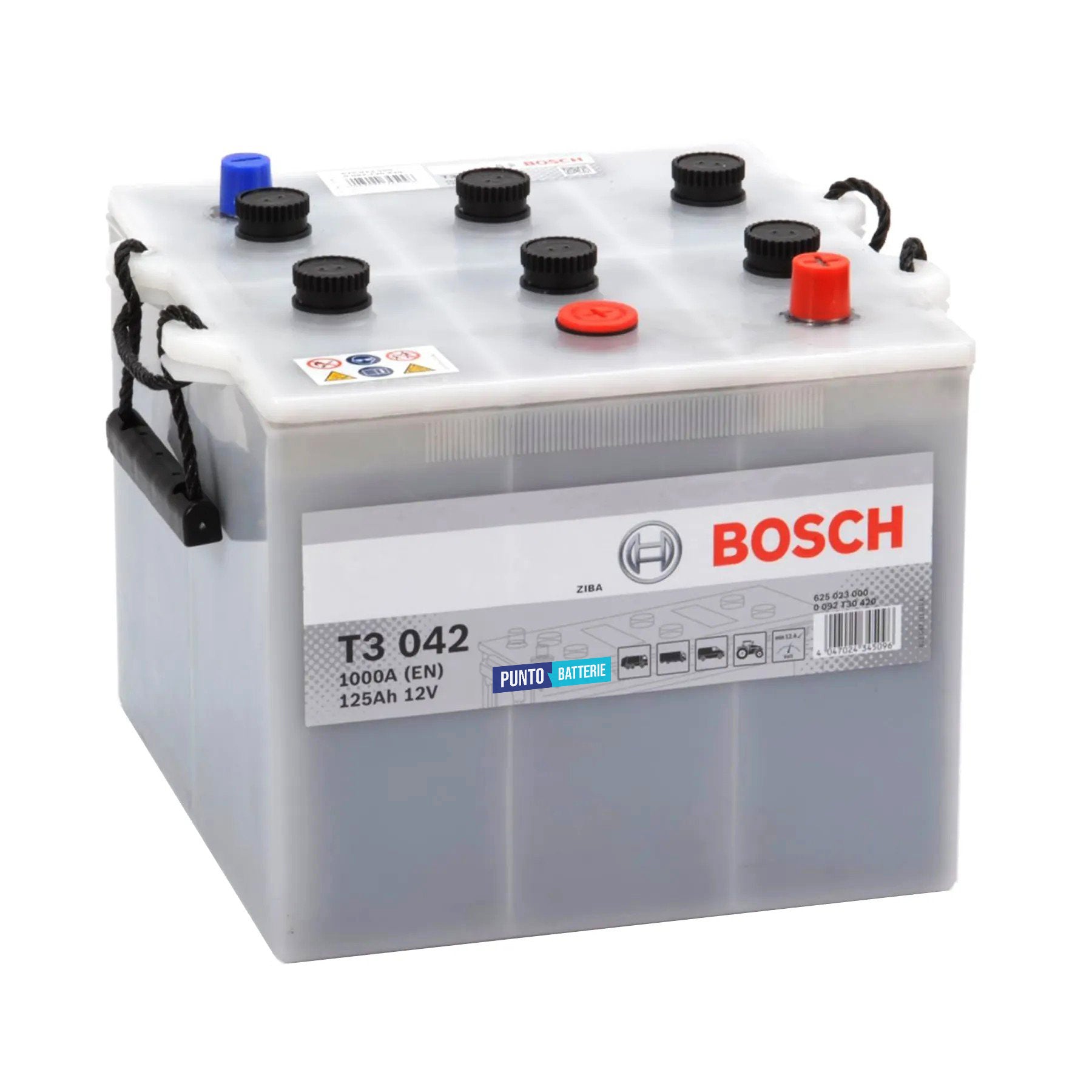Batteria originale Bosch T3 T3042, dimensioni 284 x 269 x 230, polo positivo a destra, 12 volt, 125 amperora, 1000 ampere. Batteria per camion e veicoli pesanti.