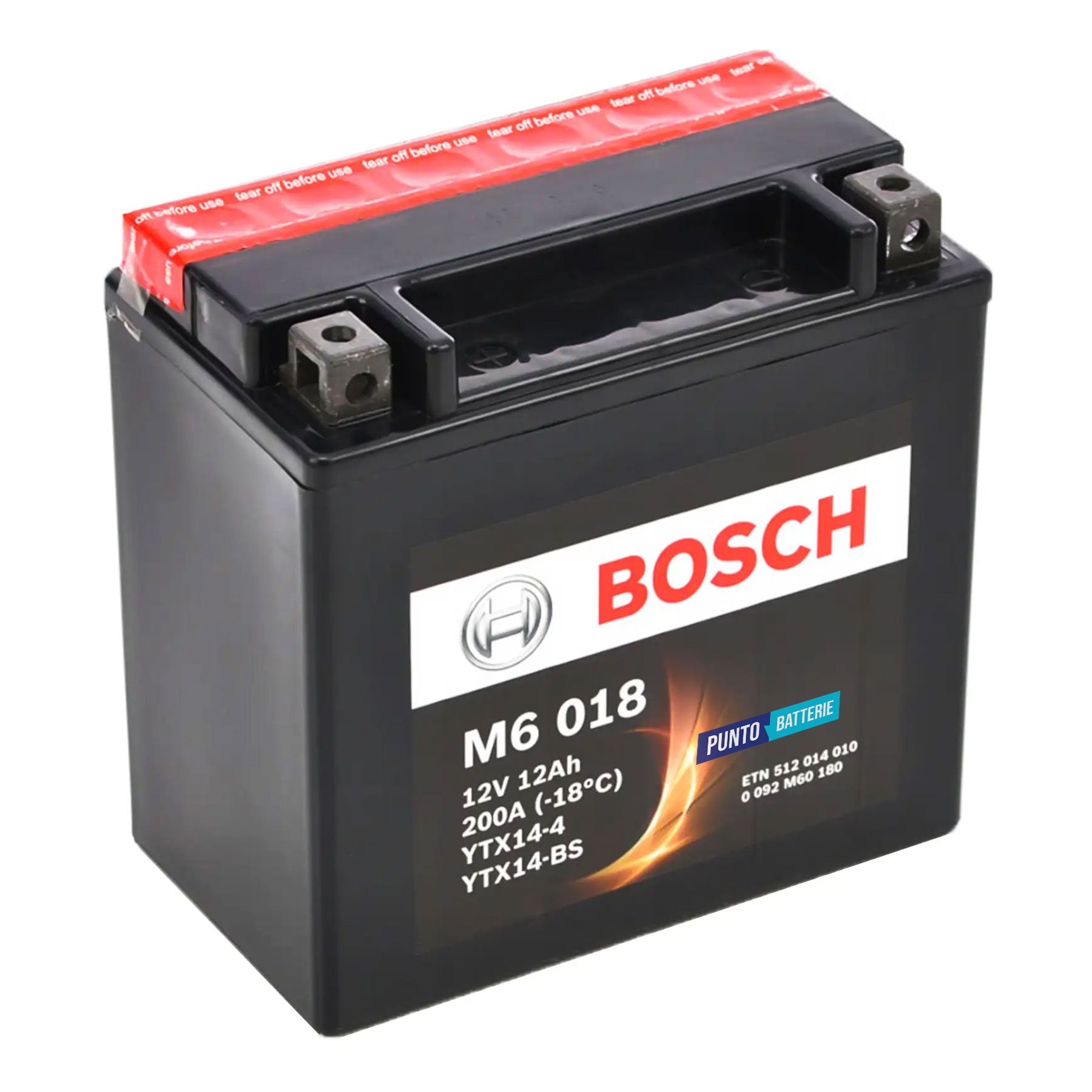 Batteria originale Bosch M6 M6018, dimensioni 150 x 87 x 105, polo positivo a sinistra, 12 volt, 12 amperora, 200 ampere. Batteria per moto, scooter e powersport.