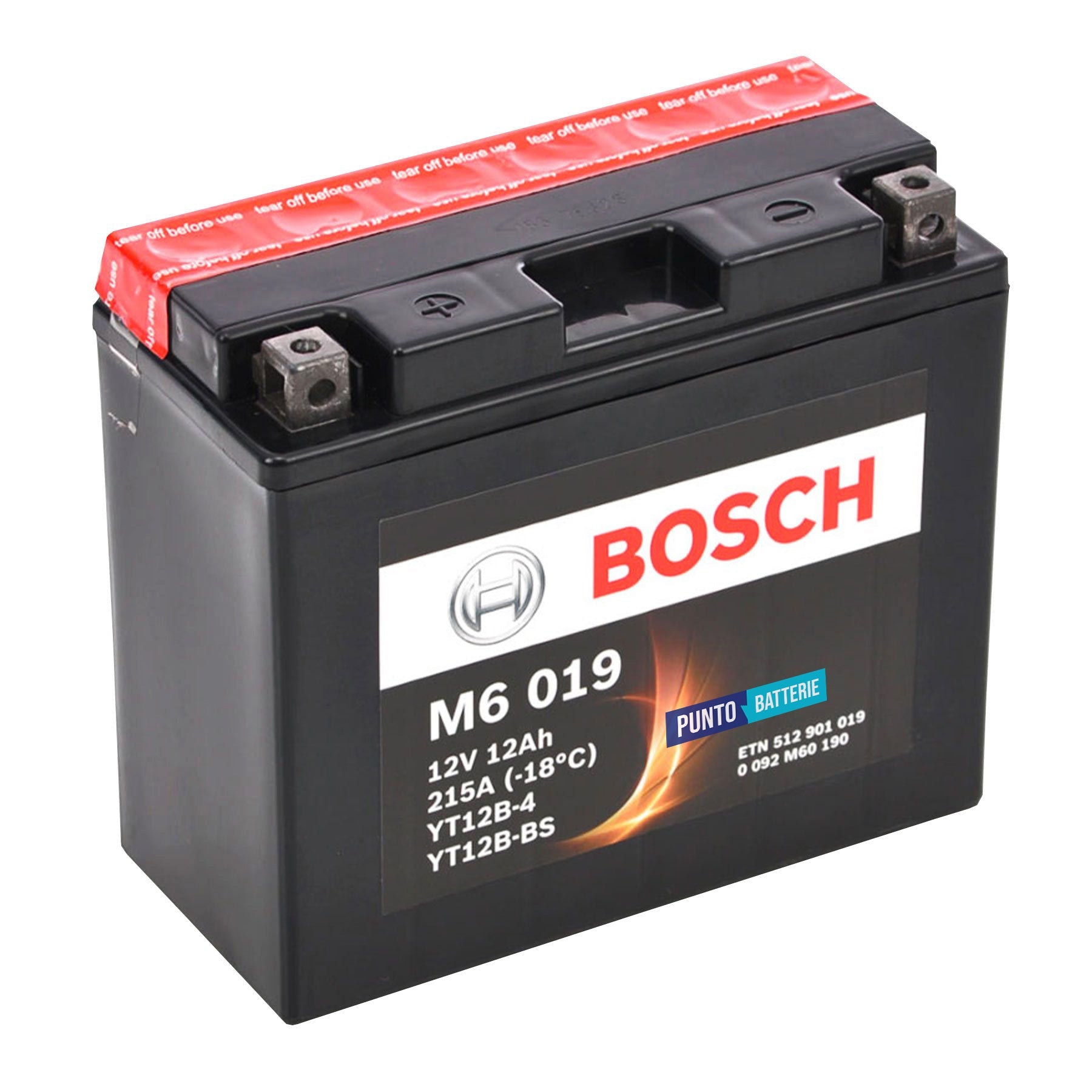 Batteria originale Bosch M6 M6019, dimensioni 150 x 87 x 105, polo positivo a sinistra, 12 volt, 12 amperora, 215 ampere. Batteria per moto, scooter e powersport.
