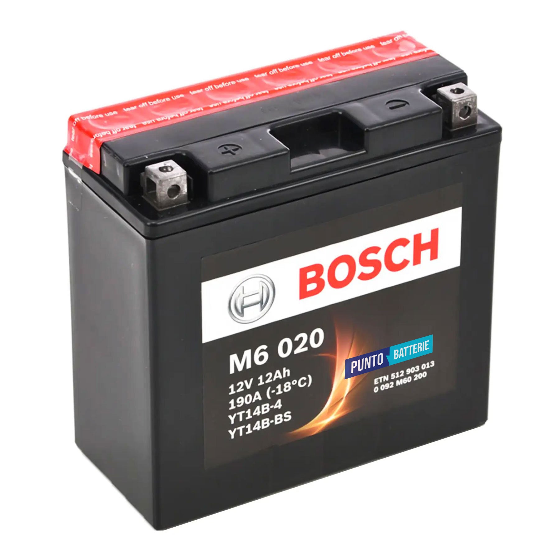 Batteria originale Bosch M6 M6020, dimensioni 150 x 87 x 105, polo positivo a sinistra, 12 volt, 12 amperora, 190 ampere. Batteria per moto, scooter e powersport.
