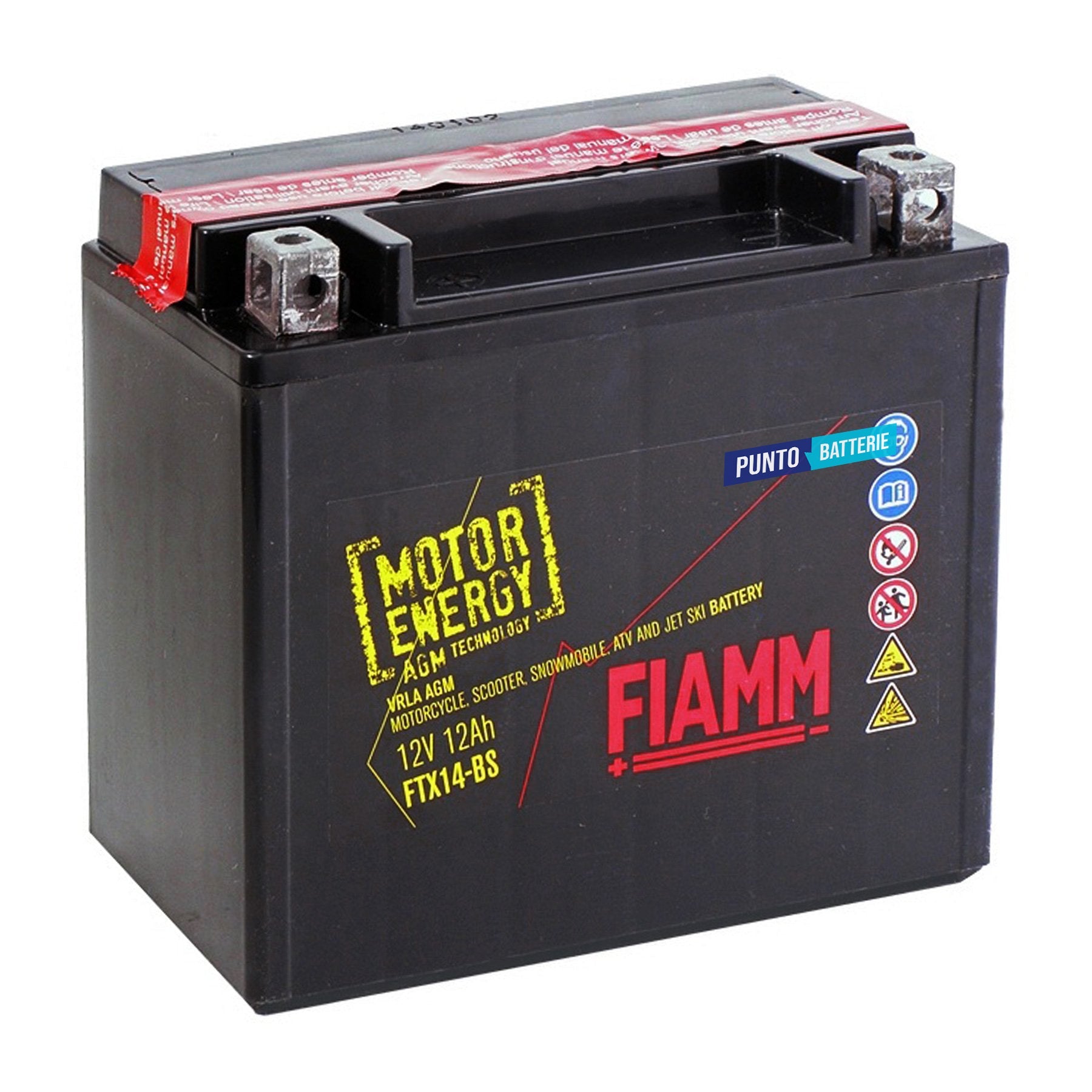 Batteria originale Fiamm Motor Energy AGM FTX14-BS, dimensioni 150 x 87 x 145, polo positivo a sinistra, 12 volt, 12 amperora, 190 ampere. Batteria per moto, scooter e powersport.