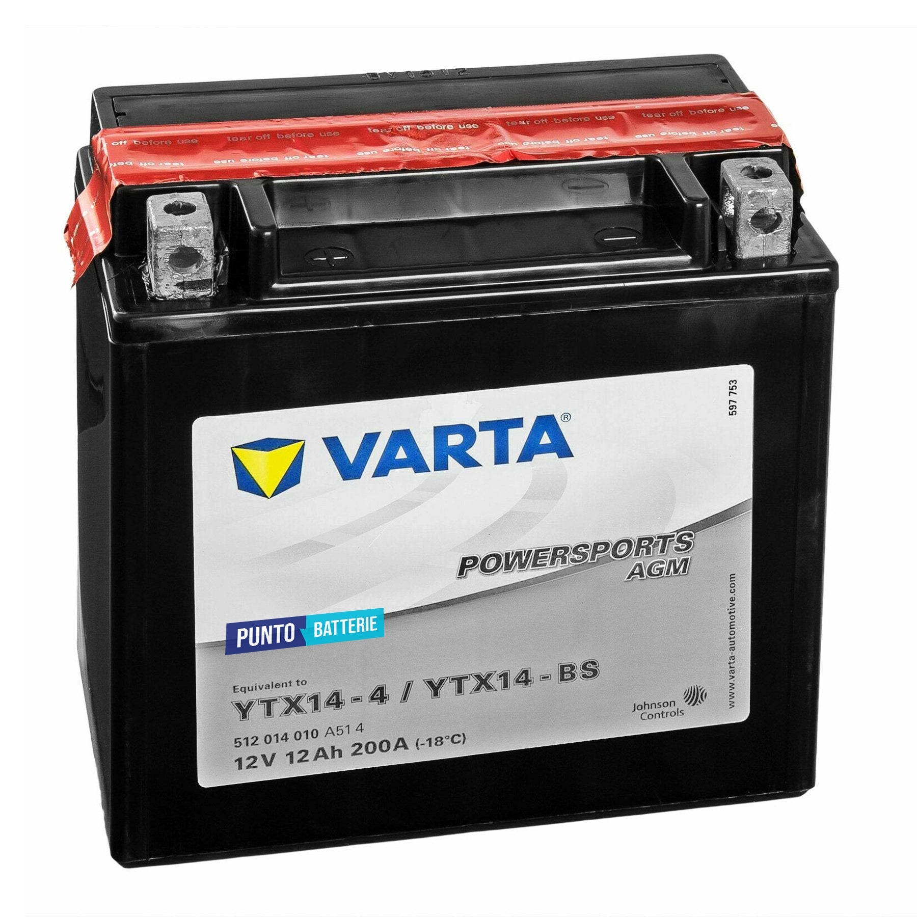 Batteria originale Varta Powersport AGM YTX14-4, dimensioni 152 x 88 x 131, polo positivo a sinistra, 12 volt, 12 amperora, 200 ampere. Batteria per moto, scooter e powersport.