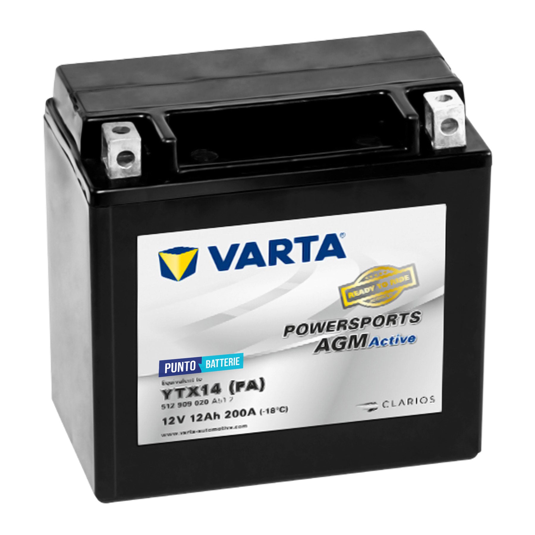 Batteria originale Varta Powersport AGM Active YTX14-FA, dimensioni 150 x 87 x 130, polo positivo a sinistra, 12 volt, 12 amperora, 200 ampere. Batteria per moto, scooter e powersport.