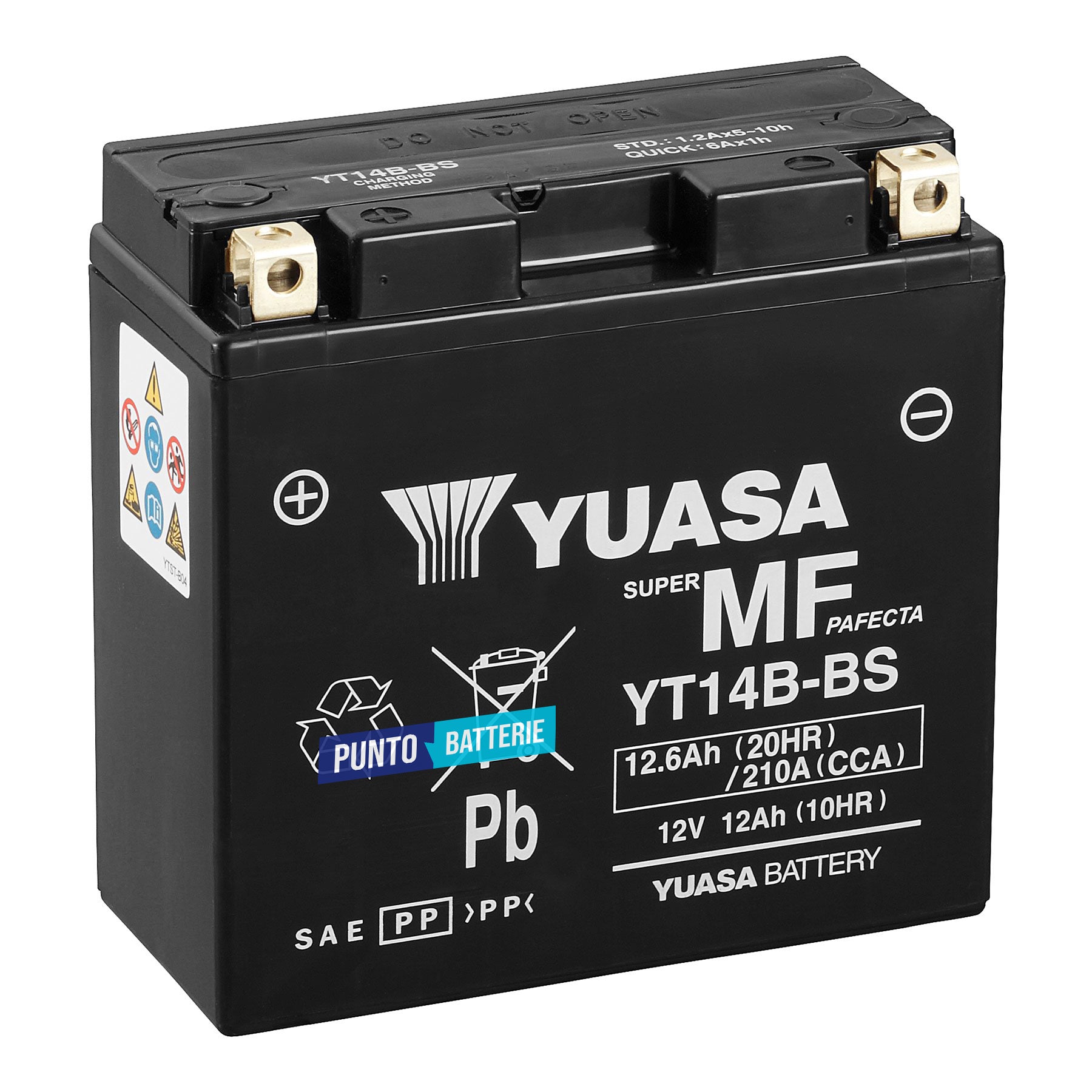 Batteria originale Yuasa YT YT14B-BS, dimensioni 150 x 70 x 145, polo positivo a sinistra, 12 volt, 12 amperora, 210 ampere. Batteria per moto, scooter e powersport.