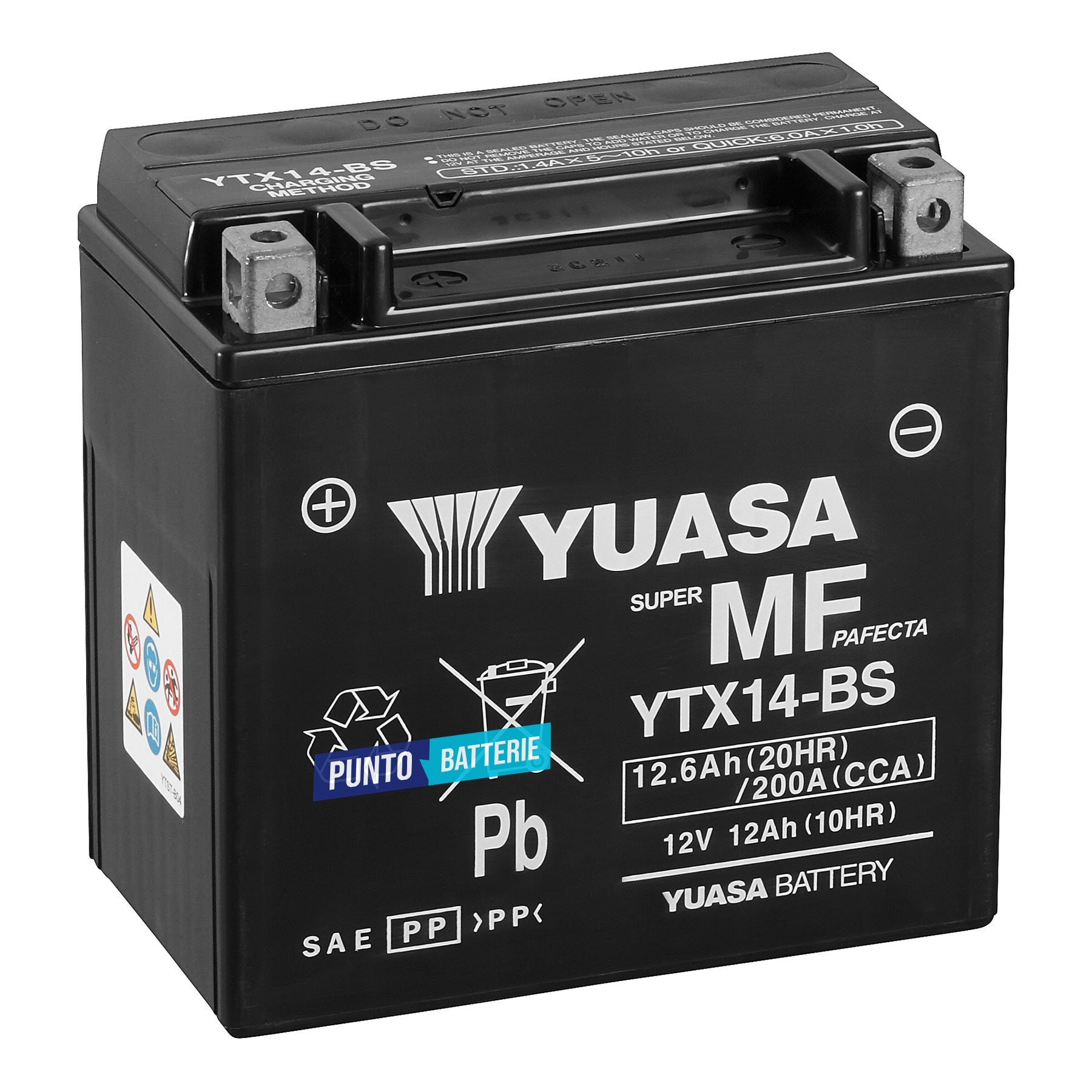 Batteria originale Yuasa YTX YTX14-BS, dimensioni 150 x 87 x 145, polo positivo a sinistra, 12 volt, 12 amperora, 200 ampere. Batteria per moto, scooter e powersport.