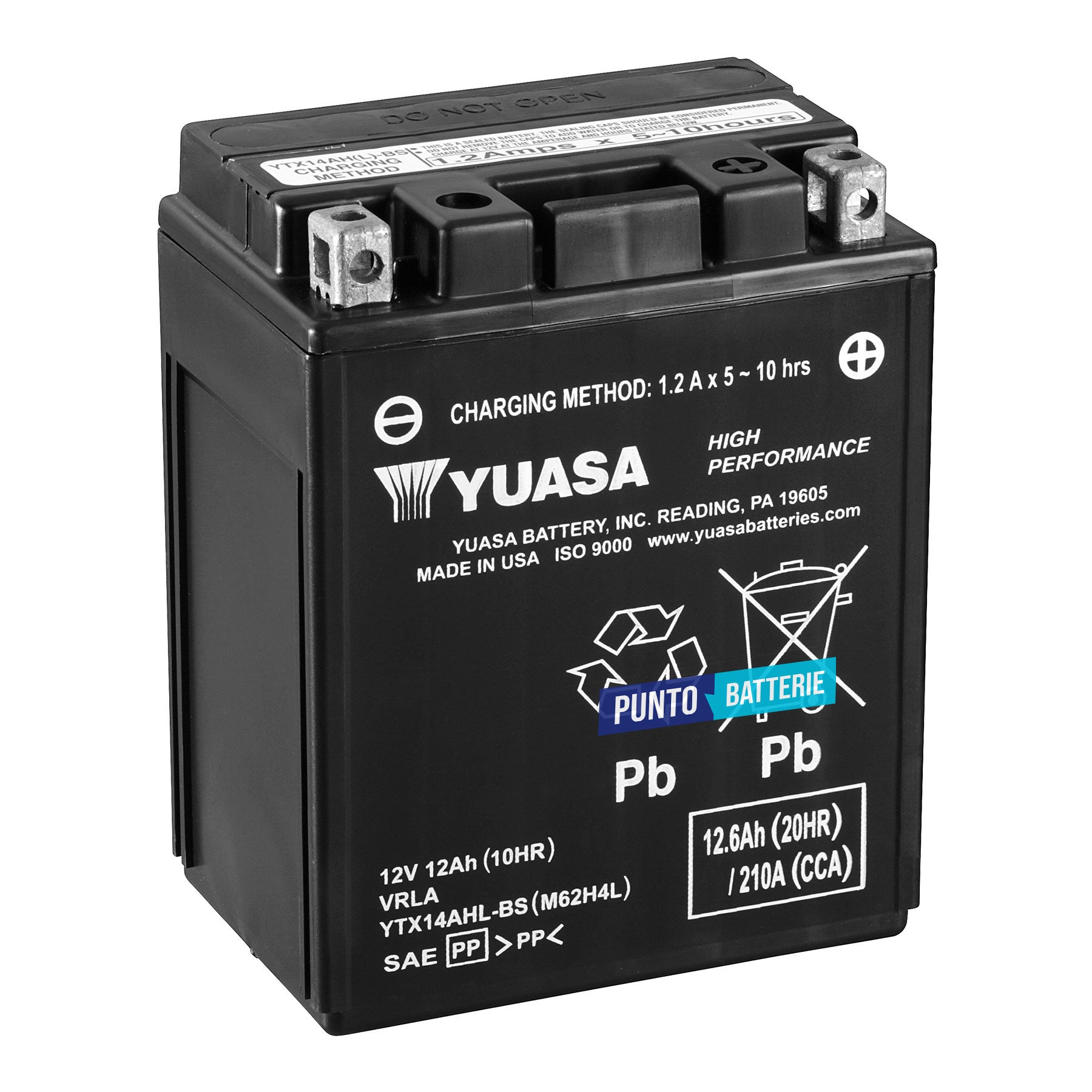 Batteria originale Yuasa YTX High Performance YTX14AHL-BS, dimensioni 134 x 89 x 166, polo positivo a destra, 12 volt, 12 amperora, 210 ampere. Batteria per moto, scooter e powersport.
