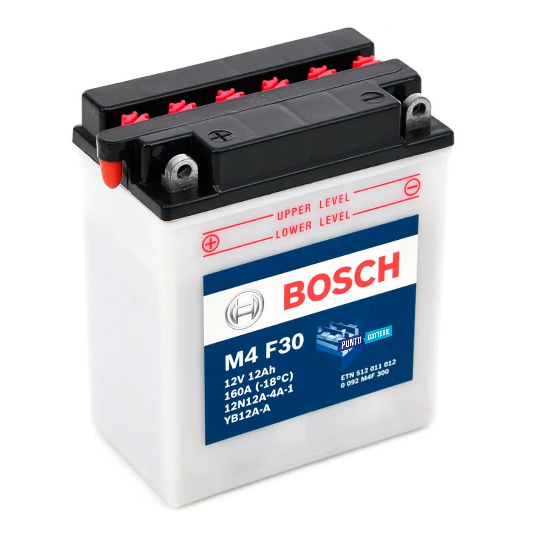 Batteria originale Bosch M4 M4F30, dimensioni 135 x 75 x 133, polo positivo a sinistra, 12 volt, 12 amperora, 160 ampere. Batteria per moto, scooter e powersport.