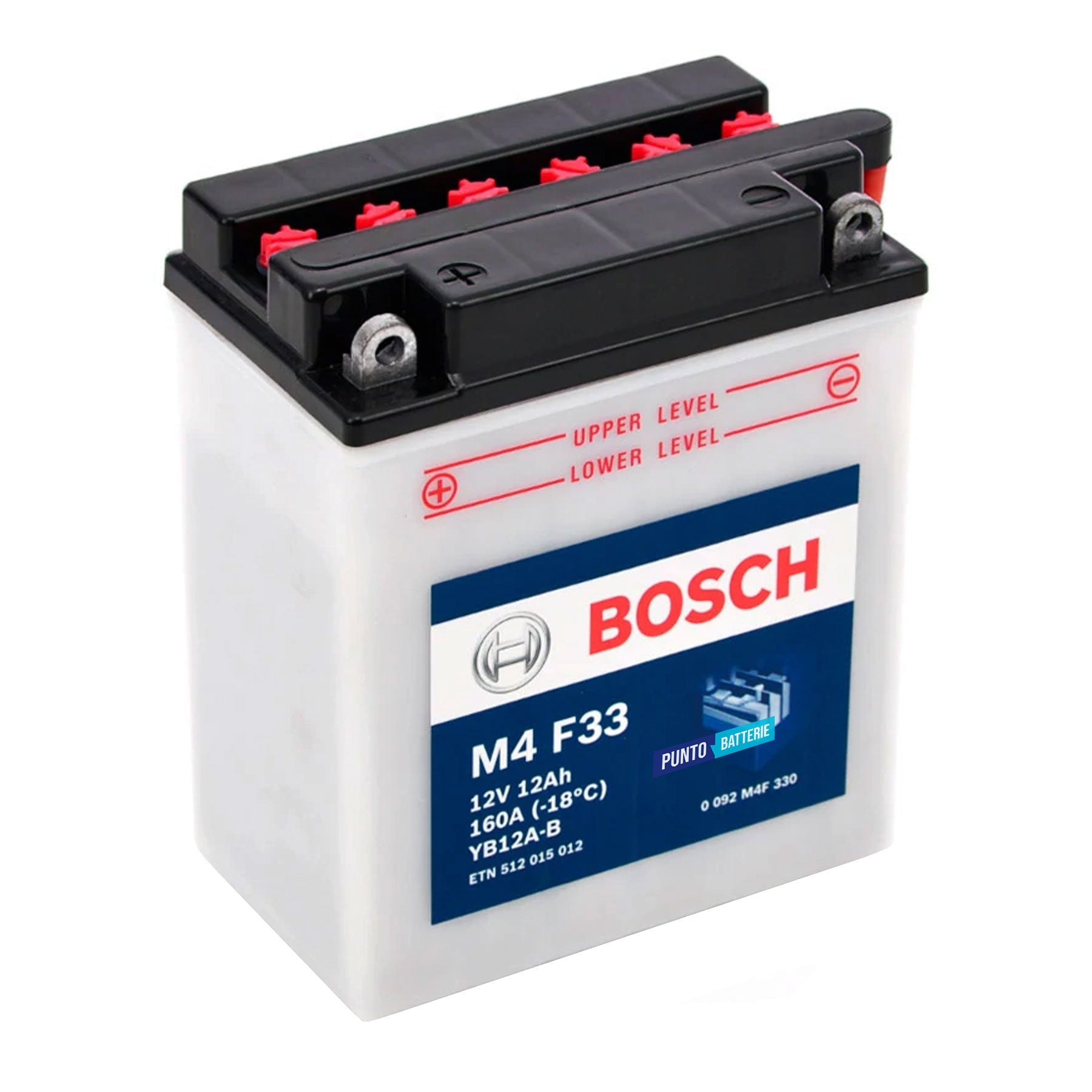 Batteria originale Bosch M4 M4F33, dimensioni 135 x 75 x 133, polo positivo a sinistra, 12 volt, 12 amperora, 160 ampere. Batteria per moto, scooter e powersport.