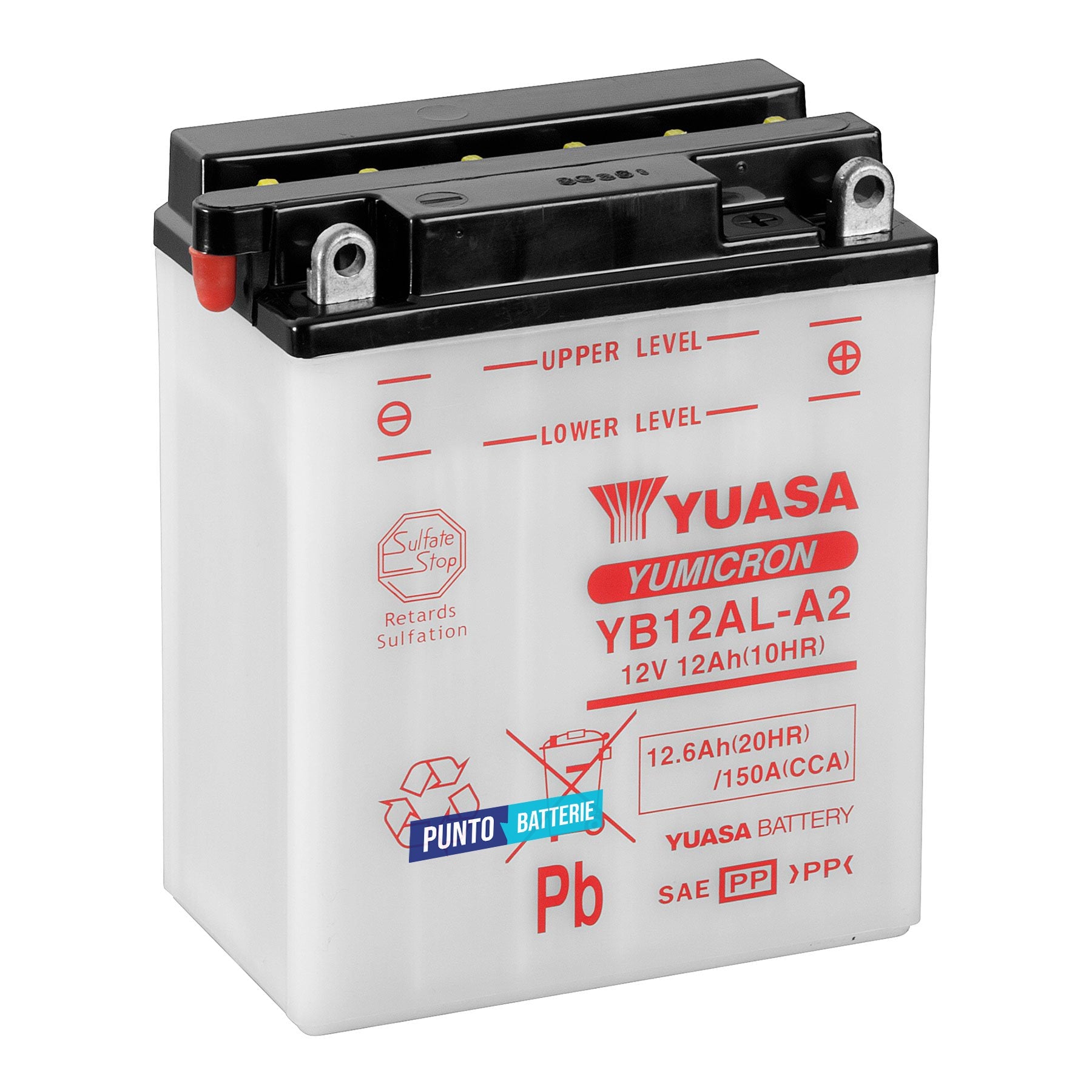 Batteria originale Yuasa YuMicron YB12AL-A2, dimensioni 134 x 80 x 160, polo positivo a destra, 12 volt, 12 amperora, 150 ampere. Batteria per moto, scooter e powersport.