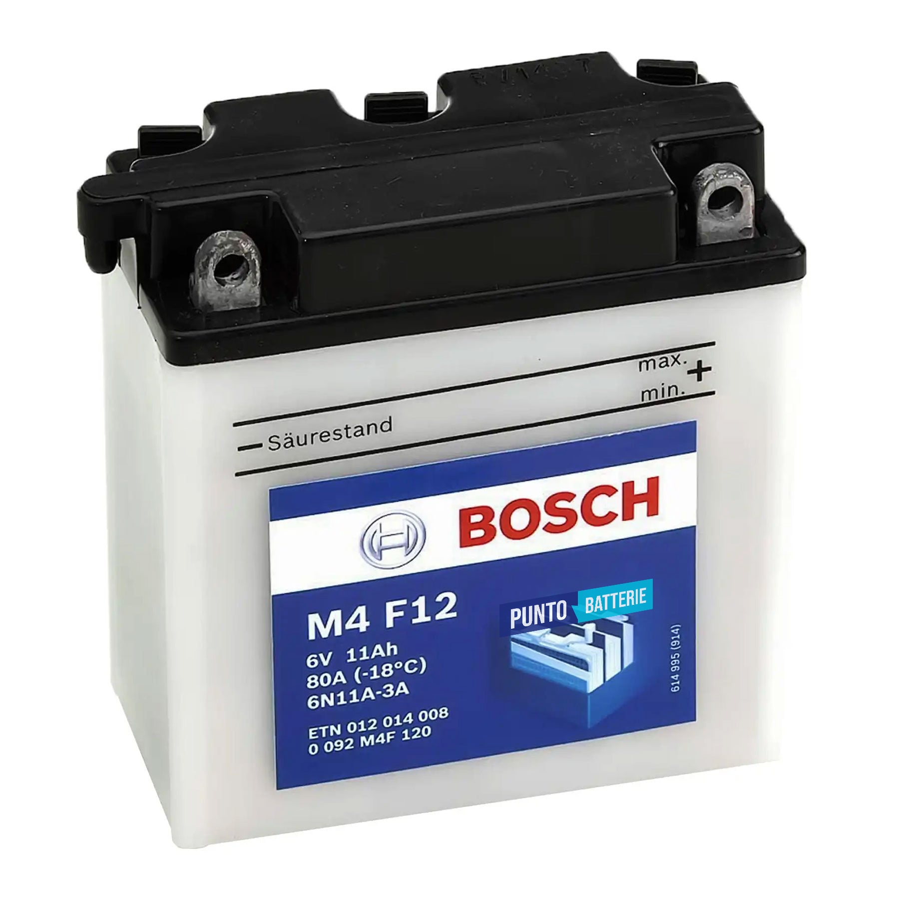 Batteria originale Bosch M4 M4F12, dimensioni 99 x 57 x 111, polo positivo a destra, 6 volt, 12 amperora, 80 ampere. Batteria per moto, scooter e powersport.