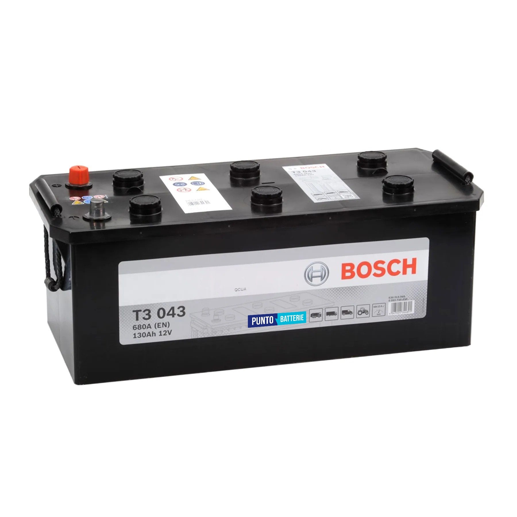 Batteria originale Bosch T3 T3043, dimensioni 514 x 218 x 205, polo positivo a sinistra, 12 volt, 130 amperora, 680 ampere. Batteria per camion e veicoli pesanti.