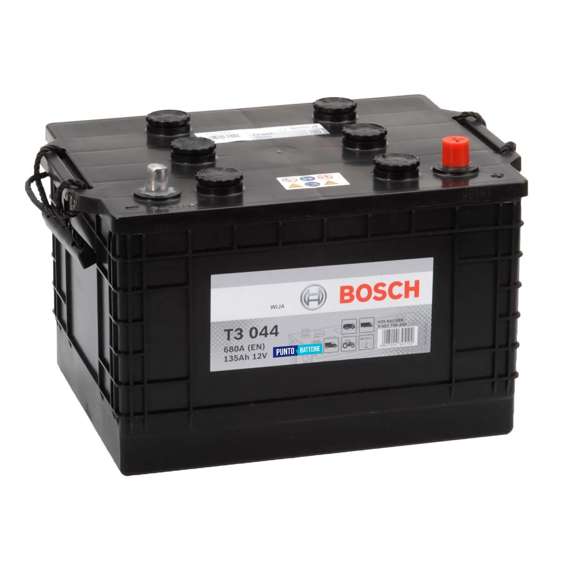 Batteria originale Bosch T3 T3044, dimensioni 360 x 253 x 240, polo positivo a destra, 12 volt, 135 amperora, 680 ampere. Batteria per camion e veicoli pesanti.