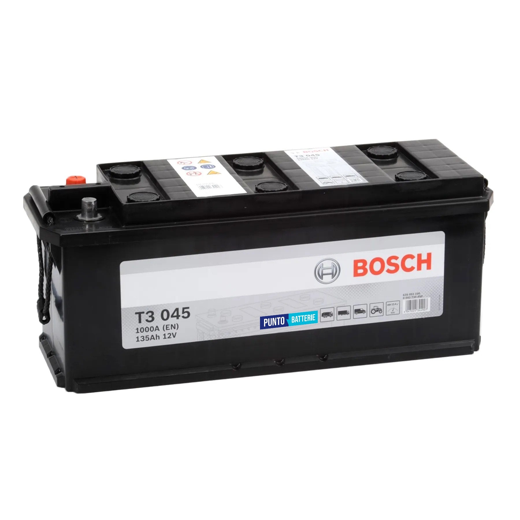 Batteria originale Bosch T3 T3045, dimensioni 514 x 175 x 210, polo positivo a sinistra, 12 volt, 135 amperora, 1000 ampere. Batteria per camion e veicoli pesanti.