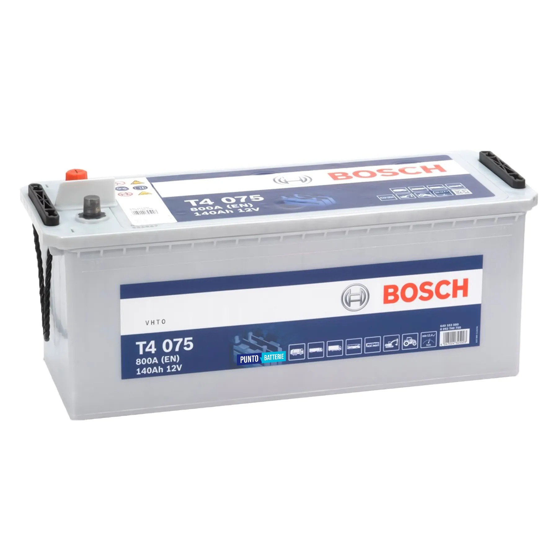 Batteria originale Bosch T4 T5075, dimensioni 513 x 189 x 223, polo positivo a sinistra, 12 volt, 140 amperora, 800 ampere. Batteria per camion e veicoli pesanti.