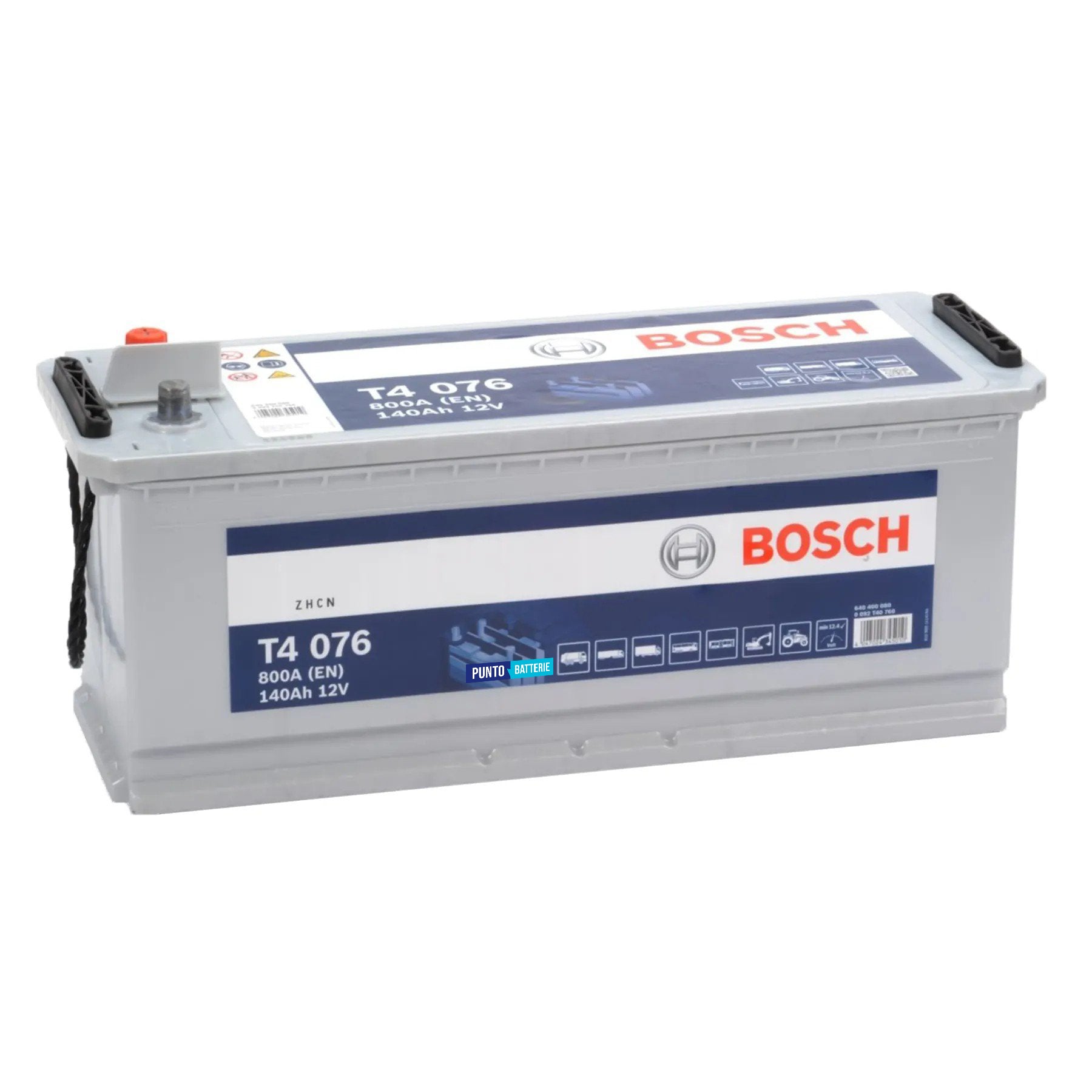 Batteria originale Bosch T4 T4076, dimensioni 513 x 189 x 223, polo positivo a sinistra, 12 volt, 140 amperora, 800 ampere. Batteria per camion e veicoli pesanti.
