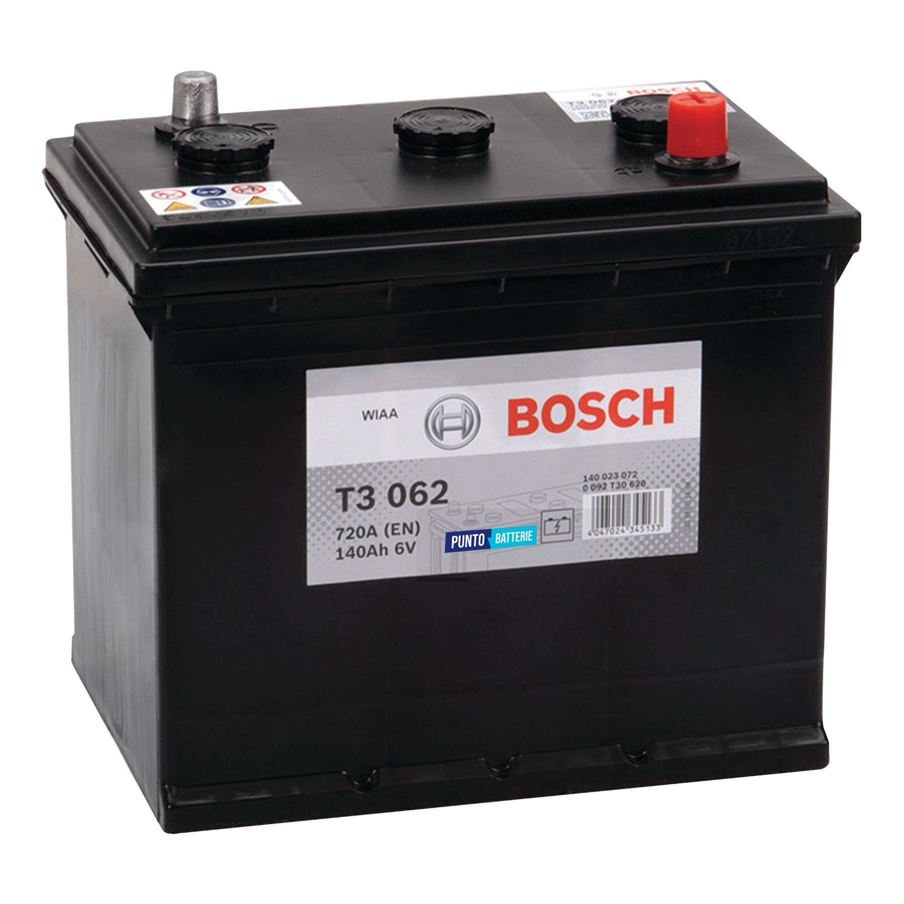 Batteria originale Bosch T3 T3062, dimensioni 260 x 175 x 236, polo positivo a destra, 6 volt, 140 amperora, 720 ampere. Batteria per camion e veicoli pesanti.