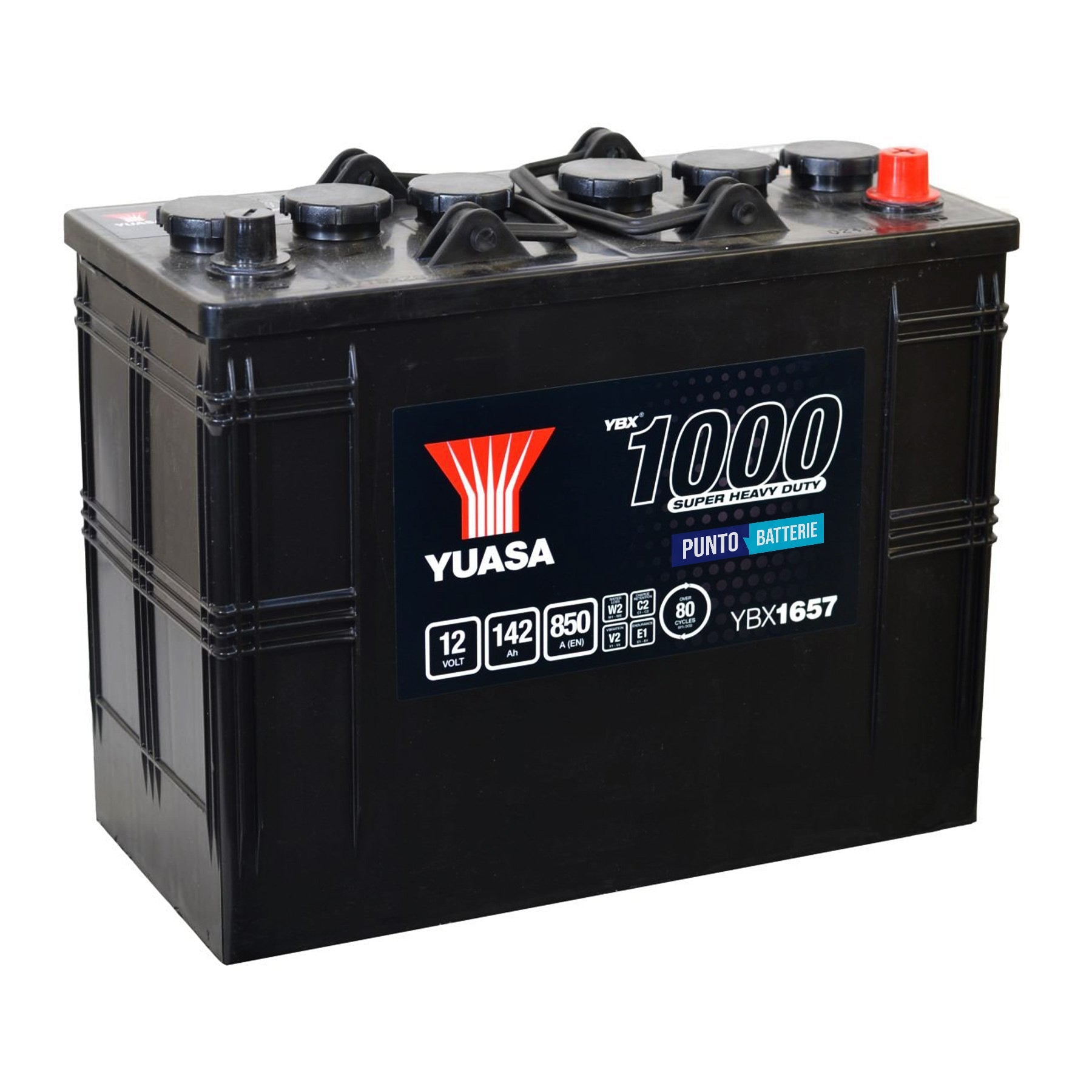 Batteria originale Yuasa YBX1000 YBX1657, dimensioni 345 x 175 x 275, polo positivo a sinistra, 12 volt, 142 amperora, 850 ampere. Batteria per camion e veicoli pesanti.