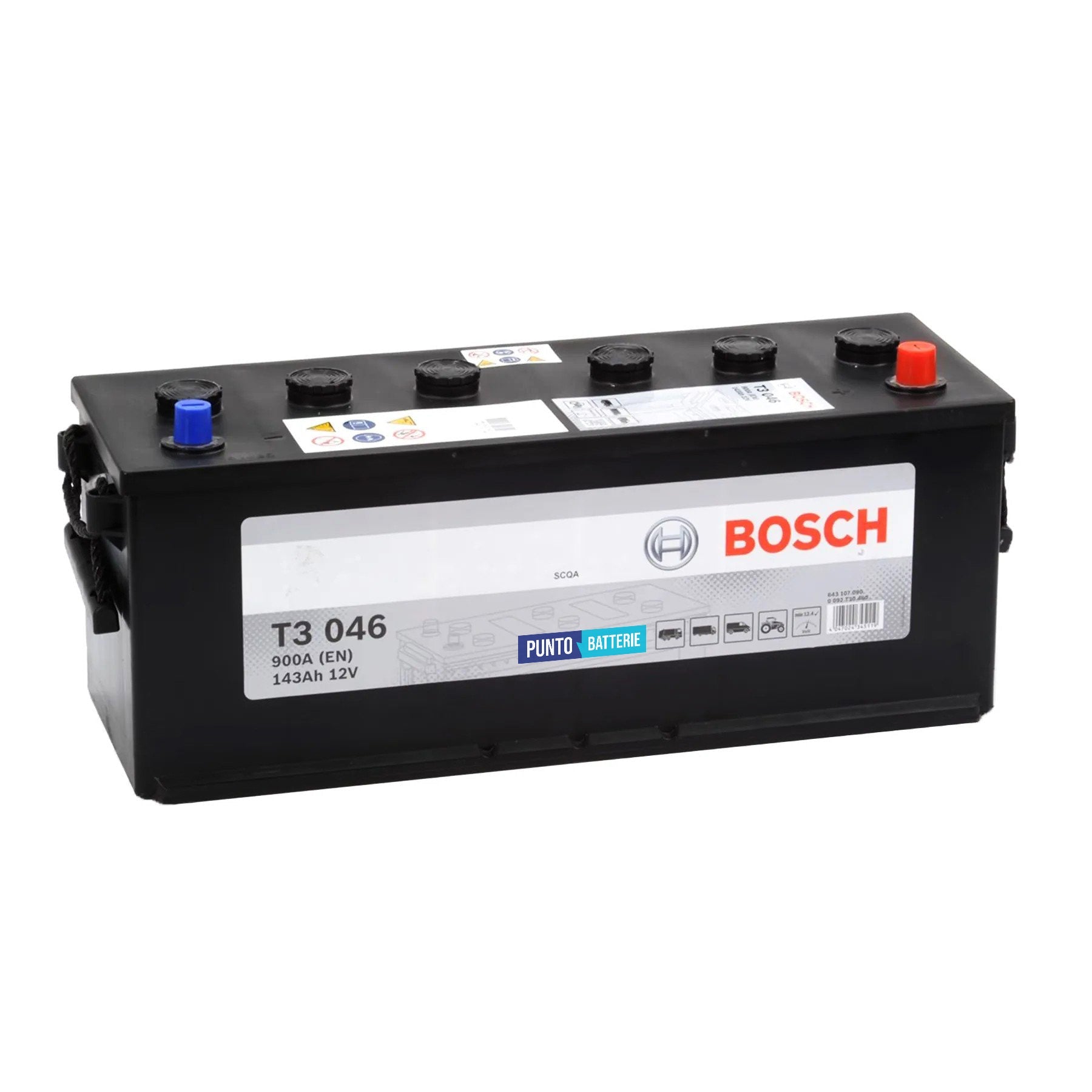 Batteria originale Bosch T3 T3046, dimensioni 508 x 174 x 205, polo positivo a destra, 12 volt, 143 amperora, 900 ampere. Batteria per camion e veicoli pesanti.