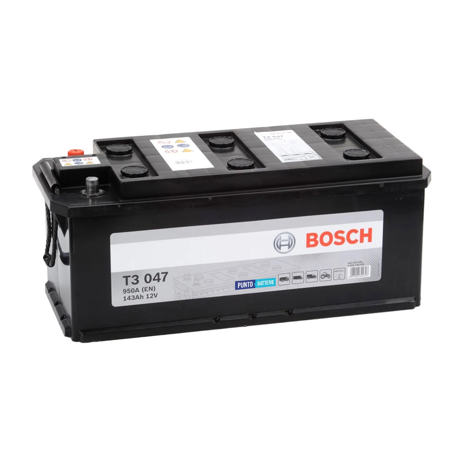Batteria originale Bosch T3 T3047, dimensioni 514 x 218 x 210, polo positivo a sinistra, 12 volt, 143 amperora, 950 ampere. Batteria per camion e veicoli pesanti.