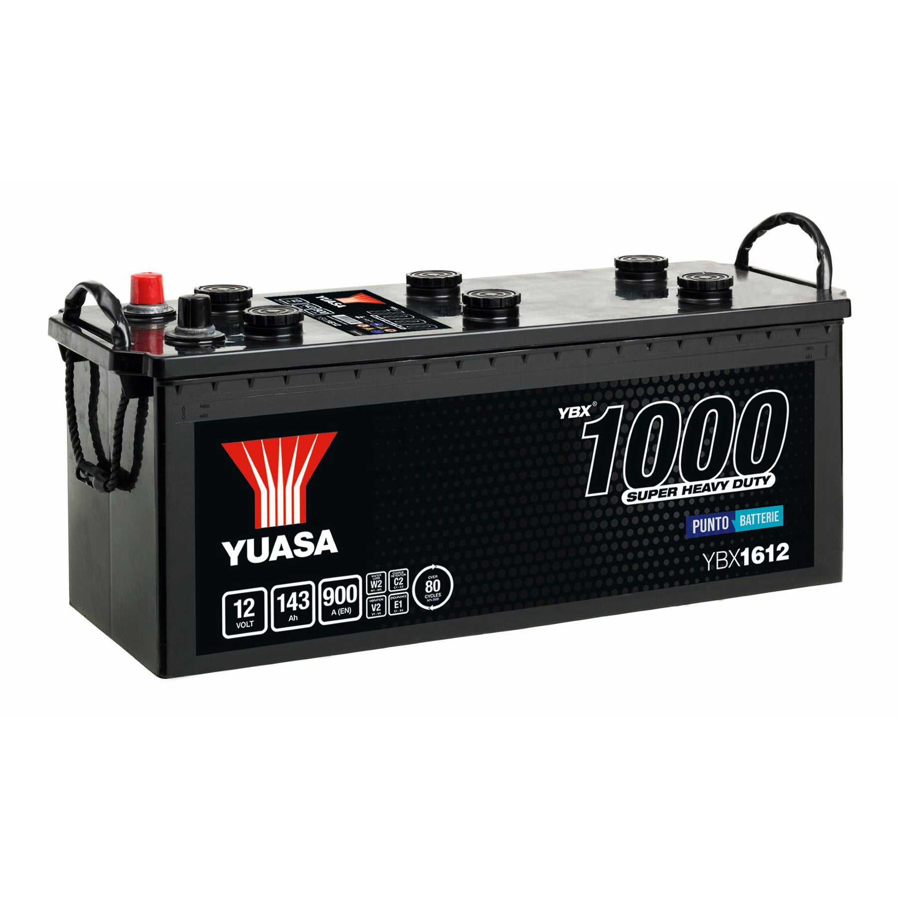 Batteria originale Yuasa YBX1000 YBX1612, dimensioni 513 x 189 x 223, polo positivo a sinistra, 12 volt, 143 amperora, 900 ampere. Batteria per camion e veicoli pesanti.