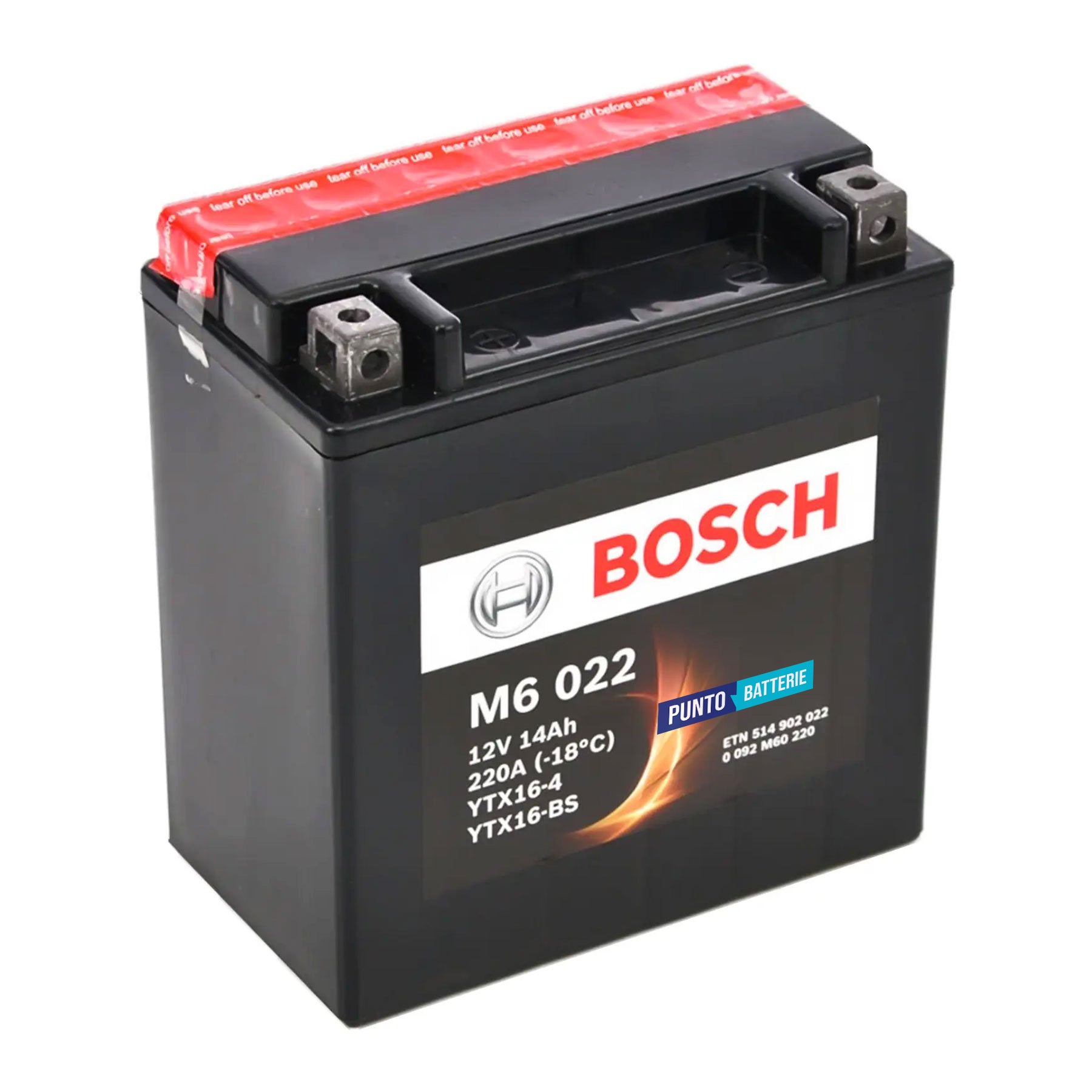 Batteria originale Bosch M6 M6022, dimensioni 150 x 87 x 161, polo positivo a sinistra, 12 volt, 14 amperora, 220 ampere. Batteria per moto, scooter e powersport.