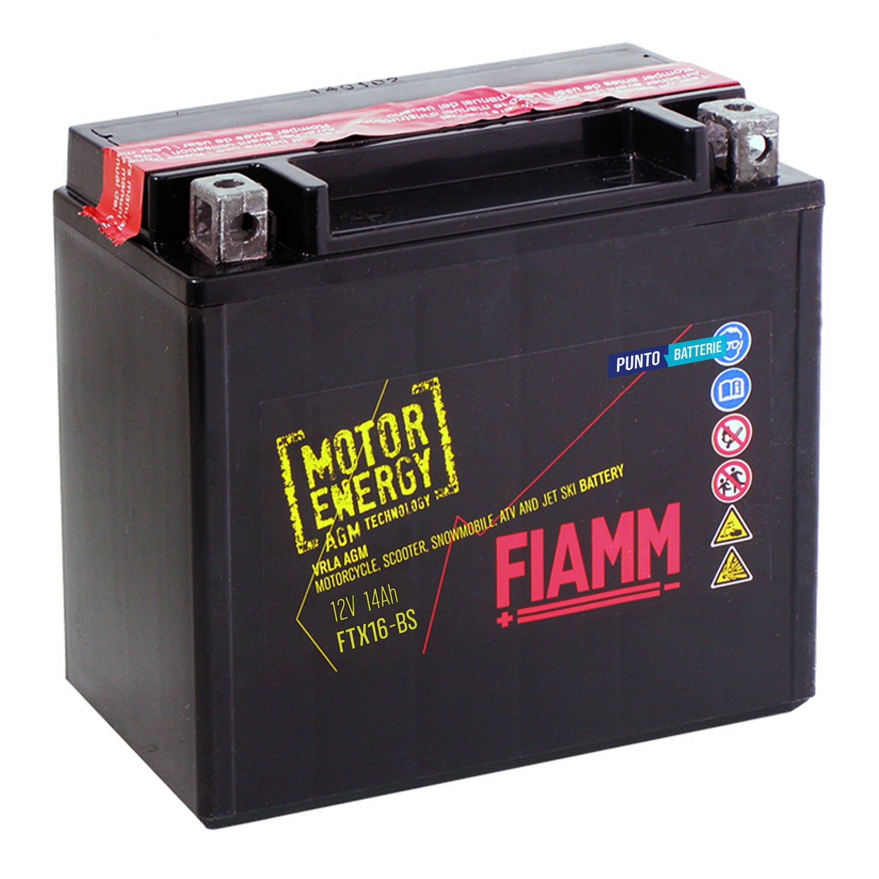Batteria originale Fiamm Motor Energy AGM FTX16-BS, dimensioni 150 x 87 x 161, polo positivo a sinistra, 12 volt, 14 amperora, 210 ampere. Batteria per moto, scooter e powersport.