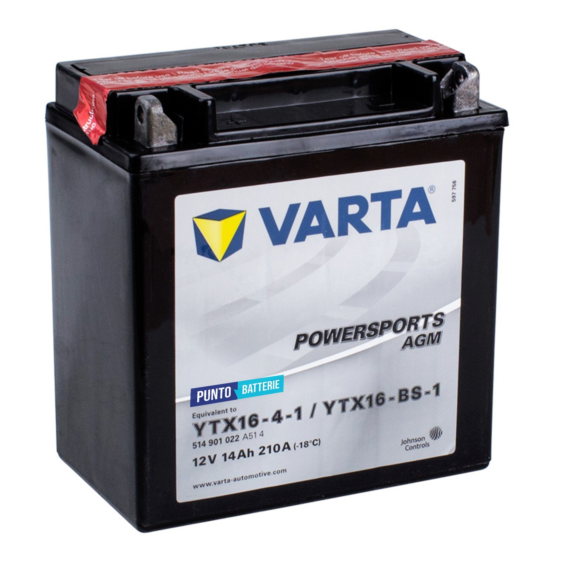 Batteria originale Varta Powersport AGM YTX16-4-1, dimensioni 150 x 87 x 161, polo positivo a sinistra, 12 volt, 14 amperora, 210 ampere. Batteria per moto, scooter e powersport.